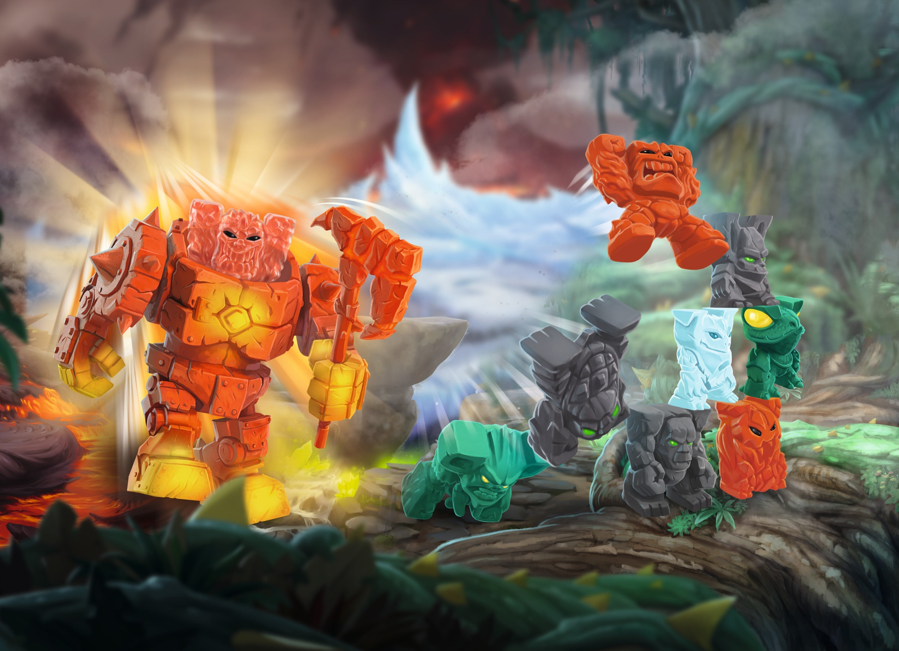 Action figure in una scena di battaglia. Figure rosse e arancioni combattono con figure verdi, in un paesaggio roccioso.