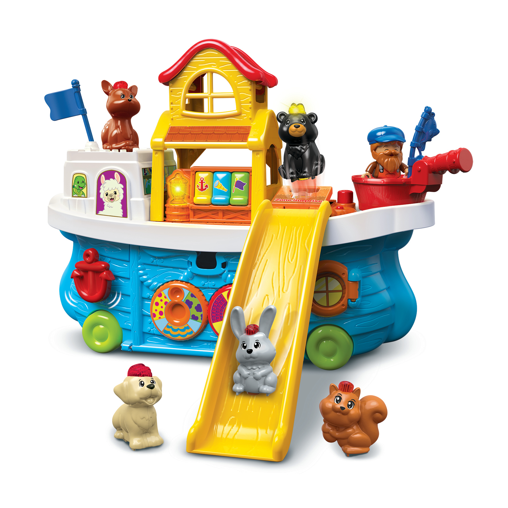 Spielboot-Spielset mit Figuren von Tieren und einer Rutsche. Zu den Tieren gehören ein Bär, ein Kaninchen, ein Hund und ein Eichhörnchen.