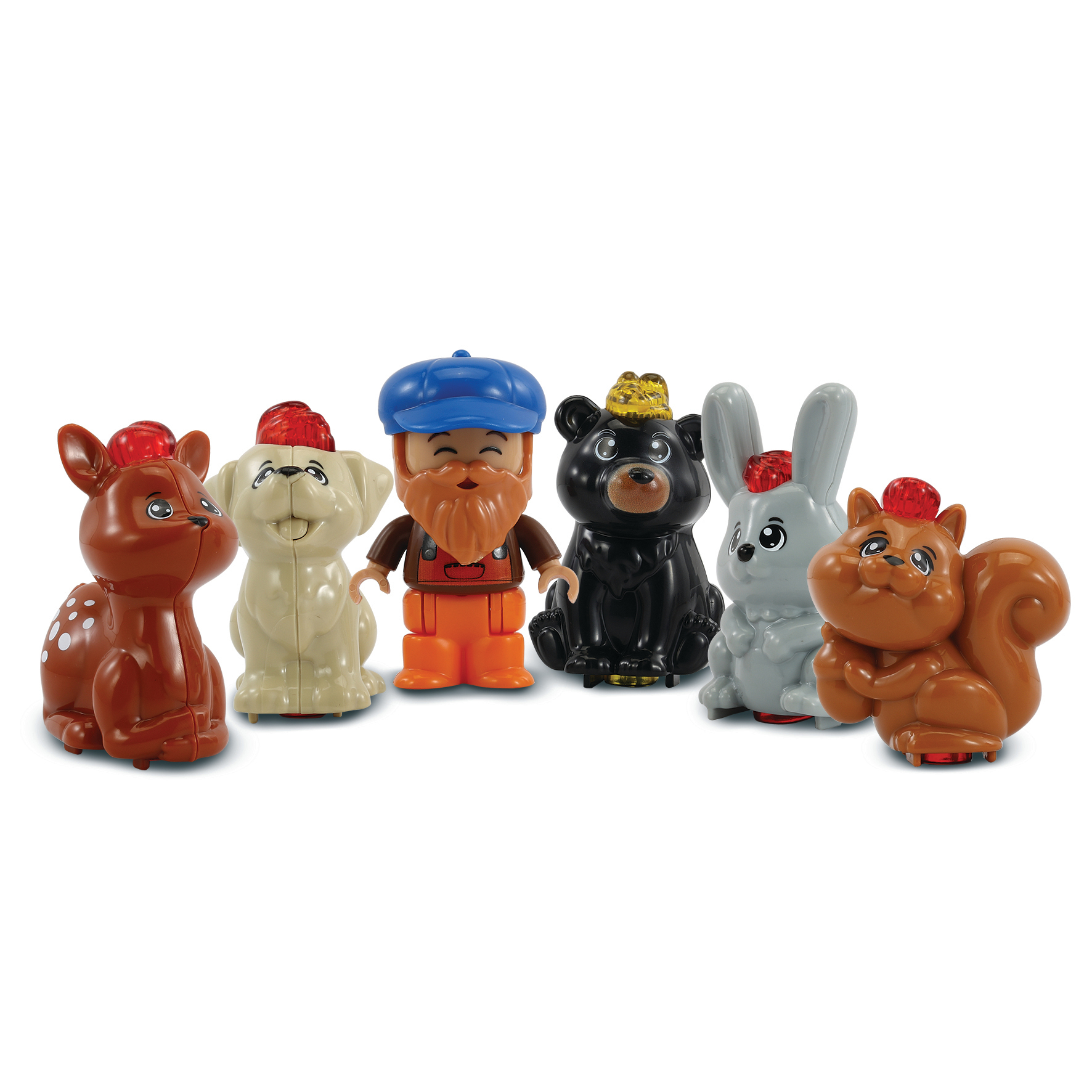 Spielzeugfiguren von Tieren und einem Mann, auf Weiß. Enthält ein Reh, einen Hund, einen Mann, einen Bären, ein Kaninchen und ein Eichhörnchen.