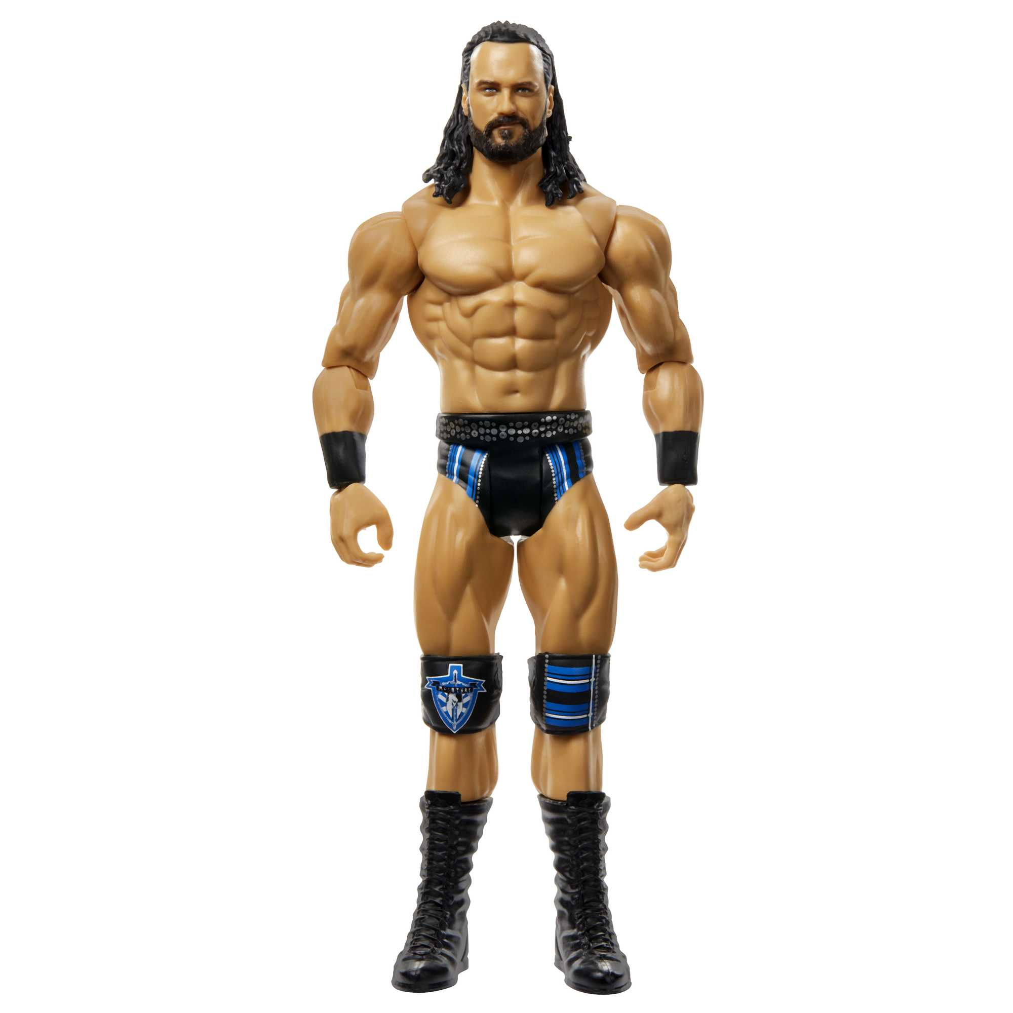 Ein muskulöser Spielzeug-Wrestler mit langen schwarzen Haaren, der schwarze und blaue Wrestling-Kleidung trägt.