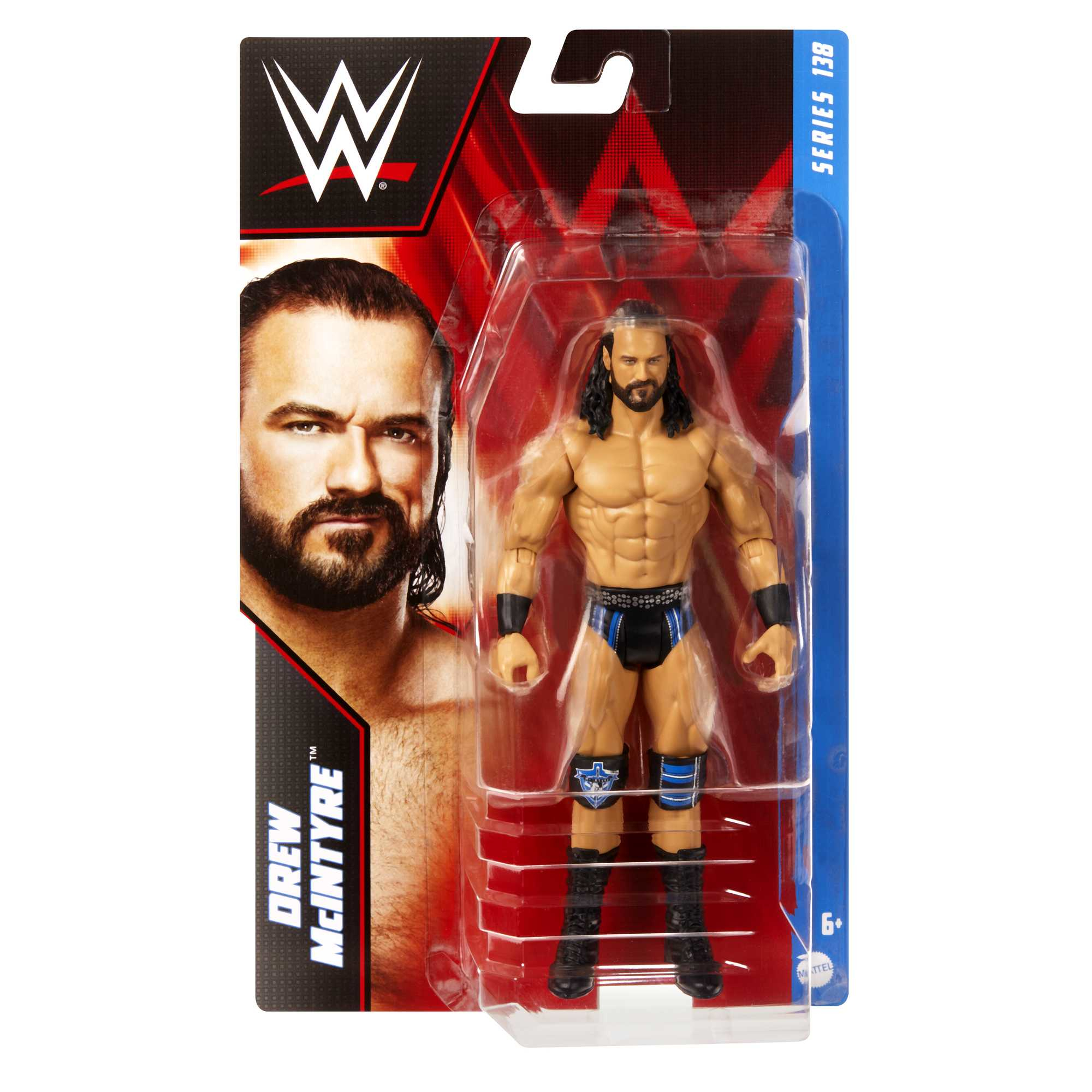 Ein verpacktes Spielzeug mit einem Bild eines Wrestlers, Drew McIntyre, und seinem Namen. Die Verpackung ist rot und schwarz.