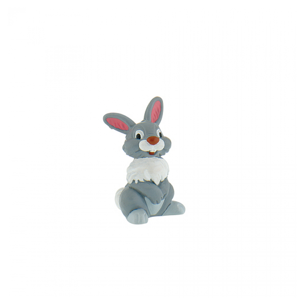 Un giocattolo di coniglio dei cartoni animati, grigio con pelliccia bianca, seduto e che guarda a destra, sorridendo.
