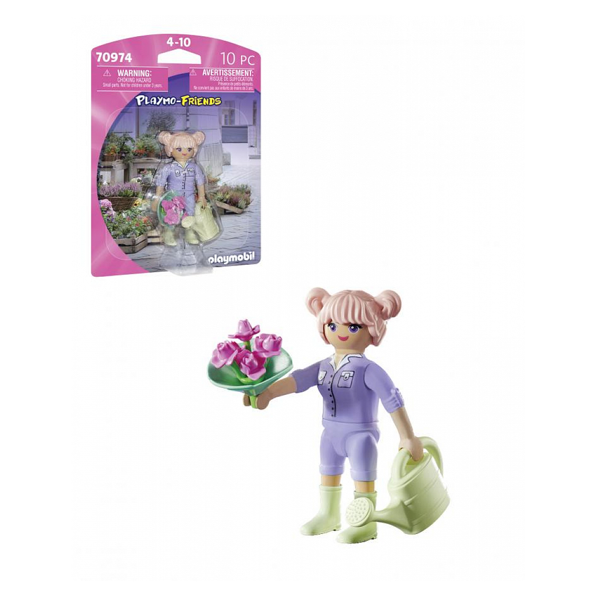 Ein Kinderspielzeug. Ein Mädchen, das einen Blumenstrauß hält. Die Verpackung befindet sich hinter dem Spielzeug.