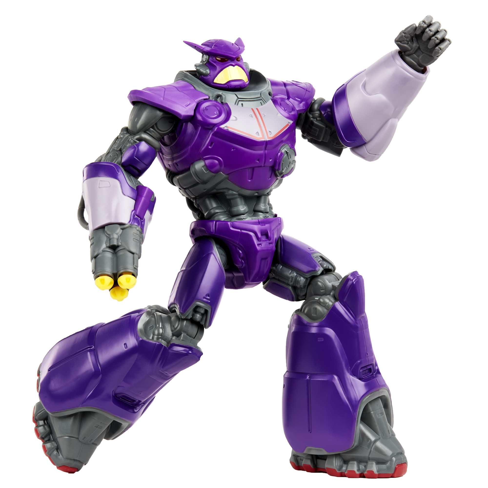 Un giocattolo robot viola con un grande braccio alzato in aria, piedi rossi.