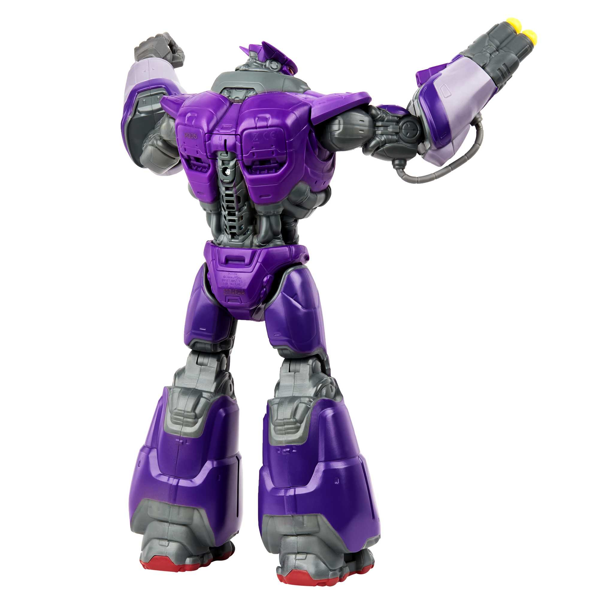 Il retro di un giocattolo robot viola con un braccio alzato. Ha dettagli grigi e rossi.