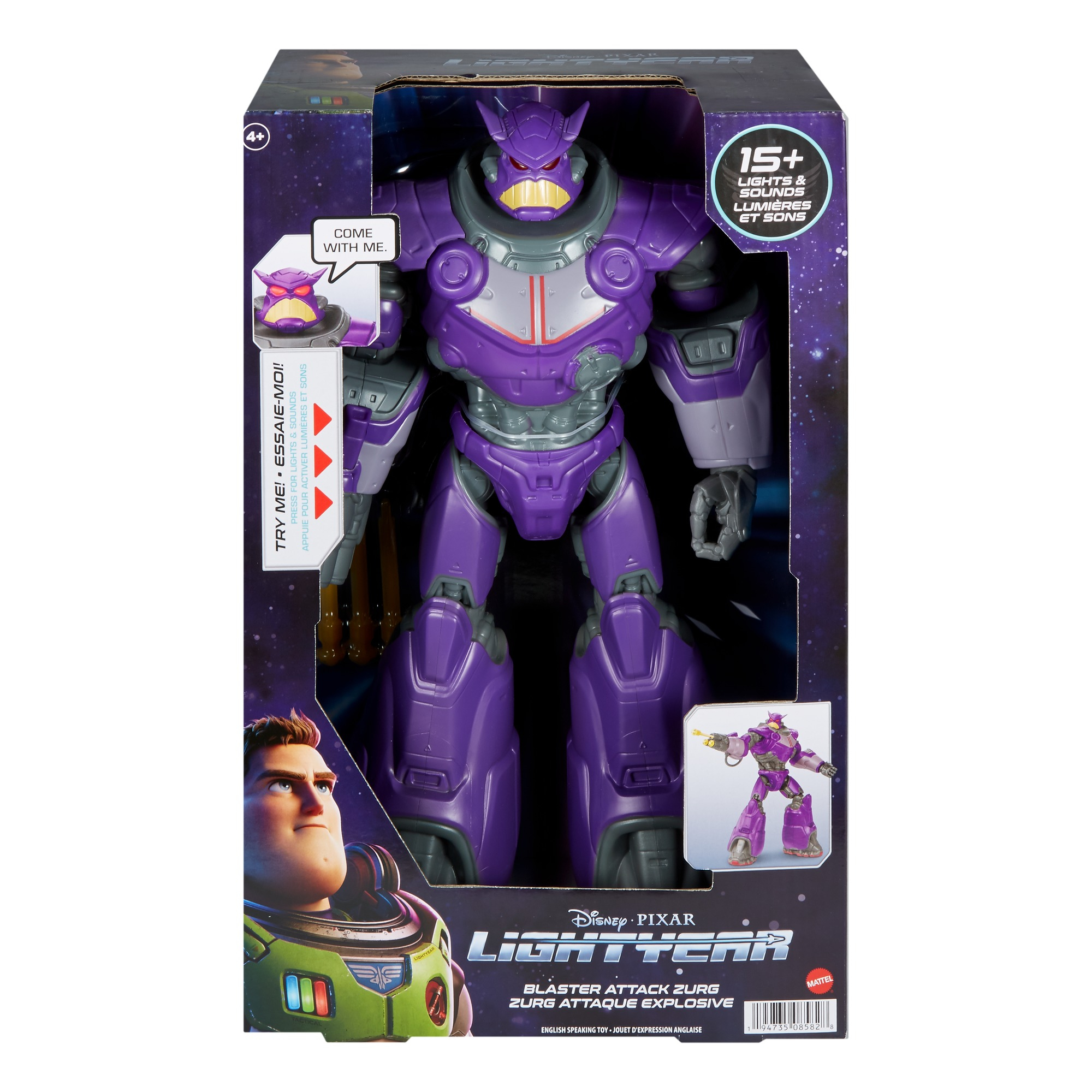 Un giocattolo Zurg nella sua scatola, sfondo bianco. La scatola mostra Zurg e un'immagine di Buzz Lightyear.