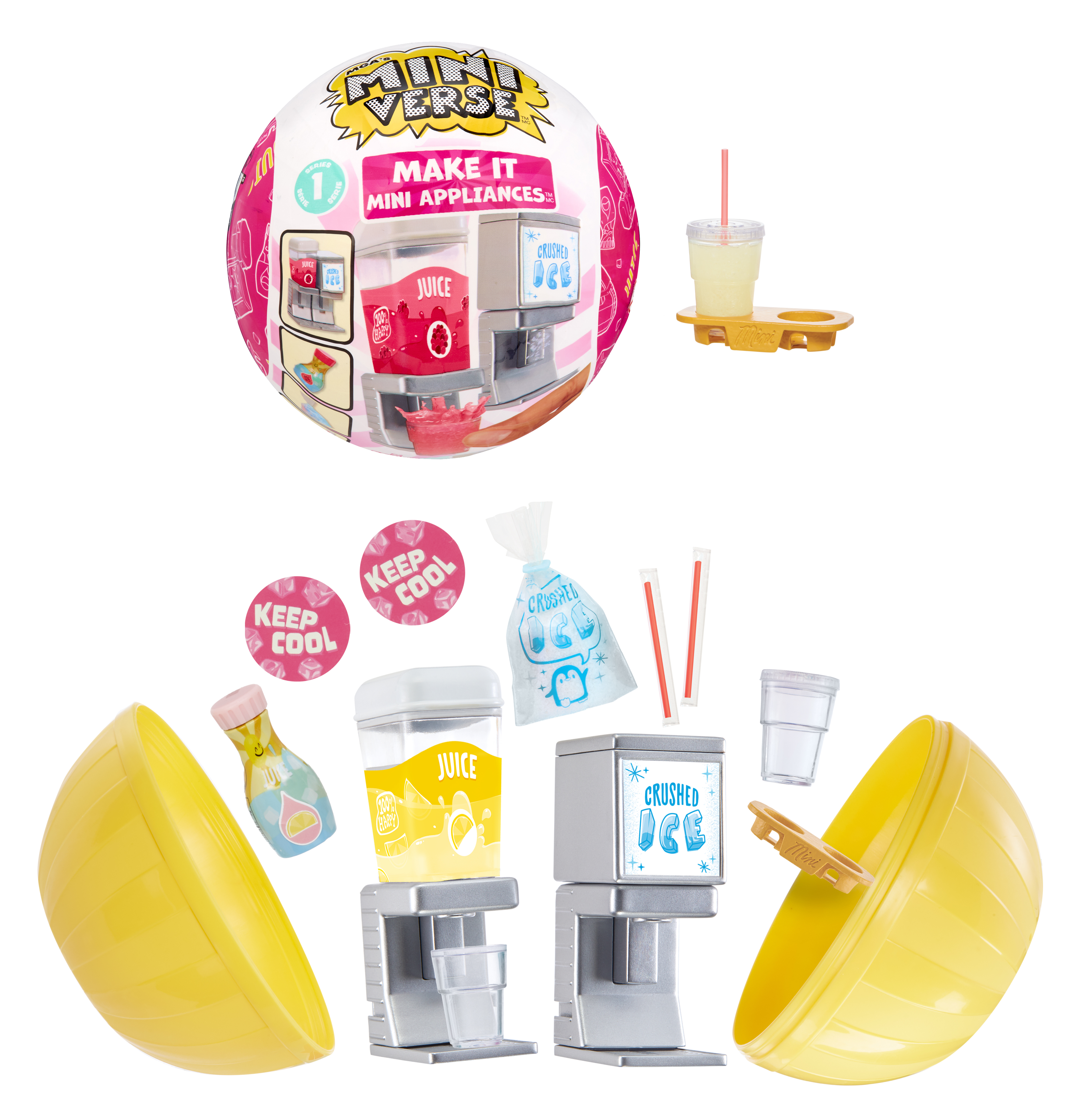 Zestaw zabawek z dozownikiem soku, maszyną do lodu, mini napojami i akcesoriami, w okrągłej kuli.