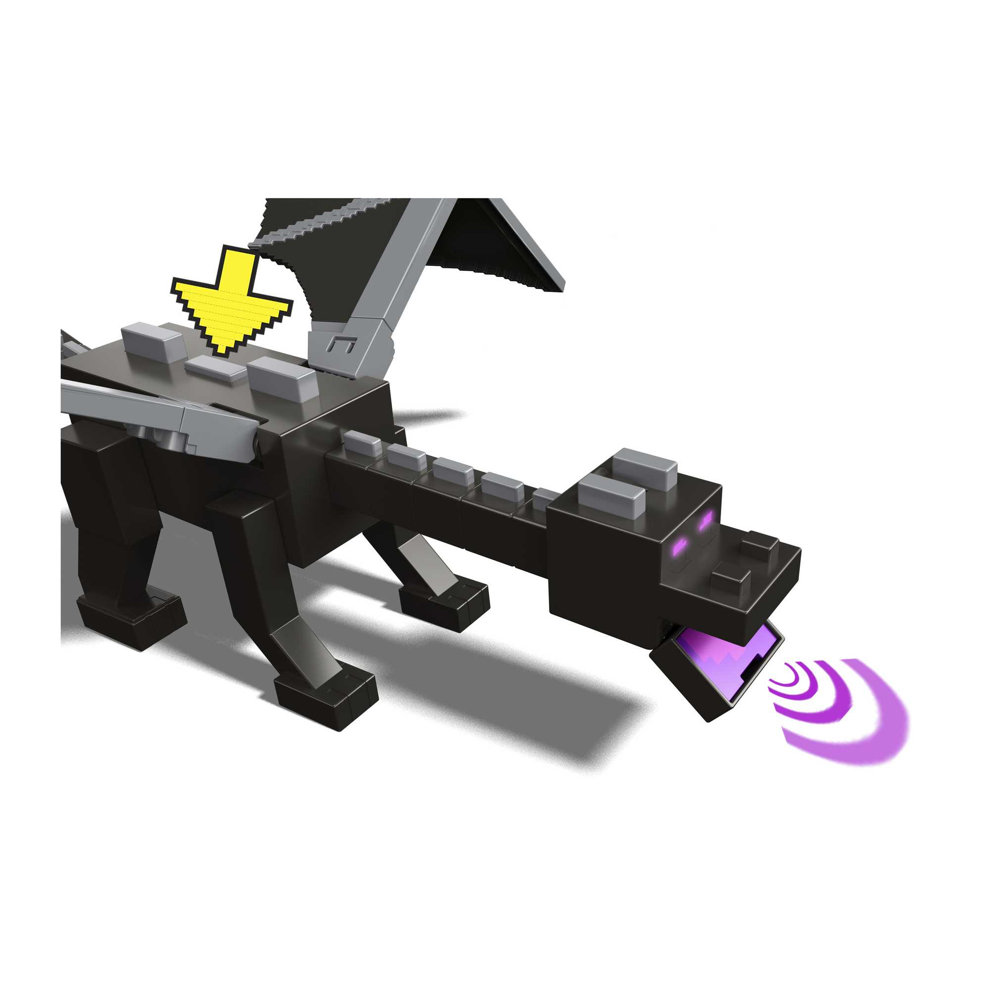 Czarny smok-zabawka wydycha fioletową energię. Żółta strzałka wskazuje na smoka.