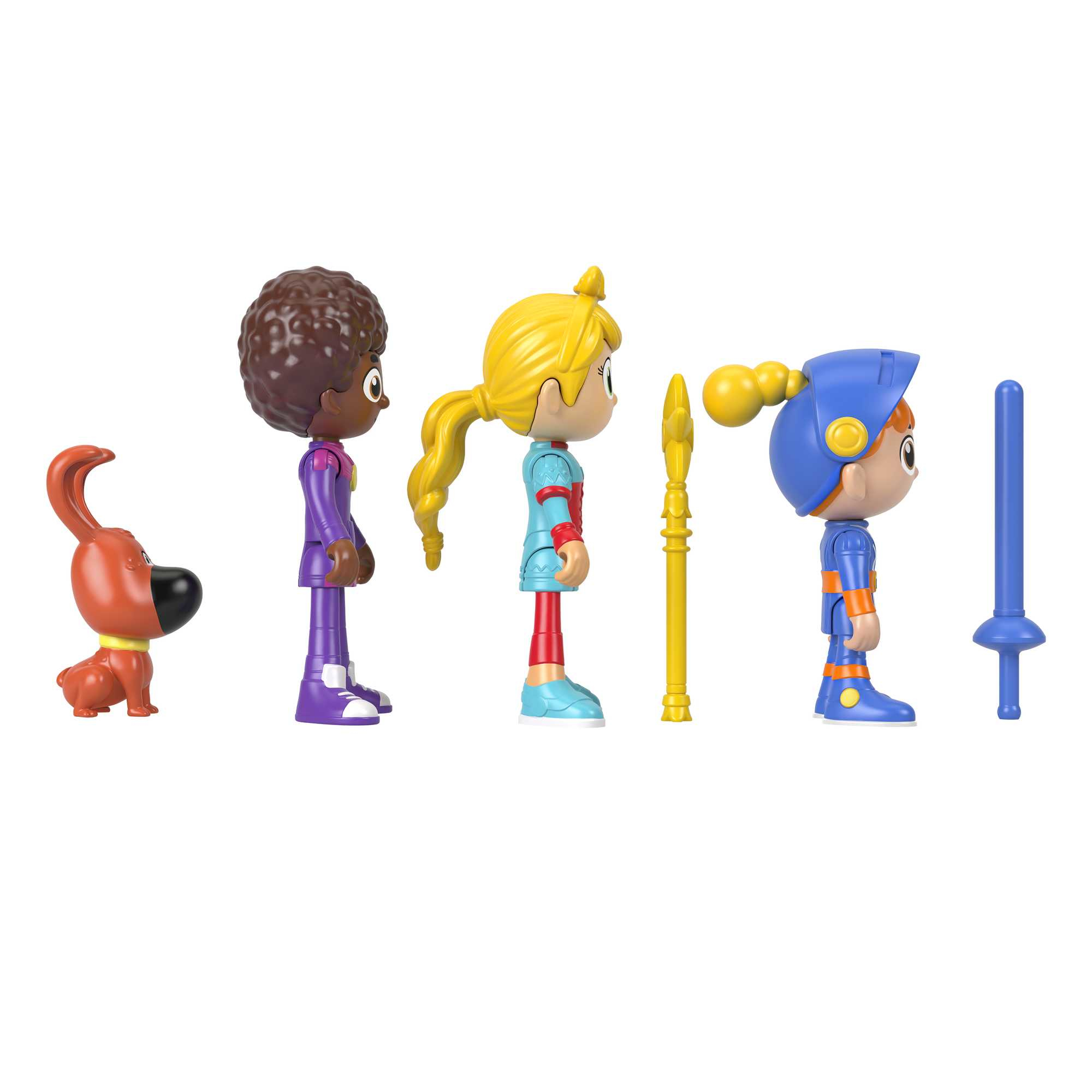 Quattro piccole figure dei cartoni animati e un cane in fila con accessori come lancia e spada.