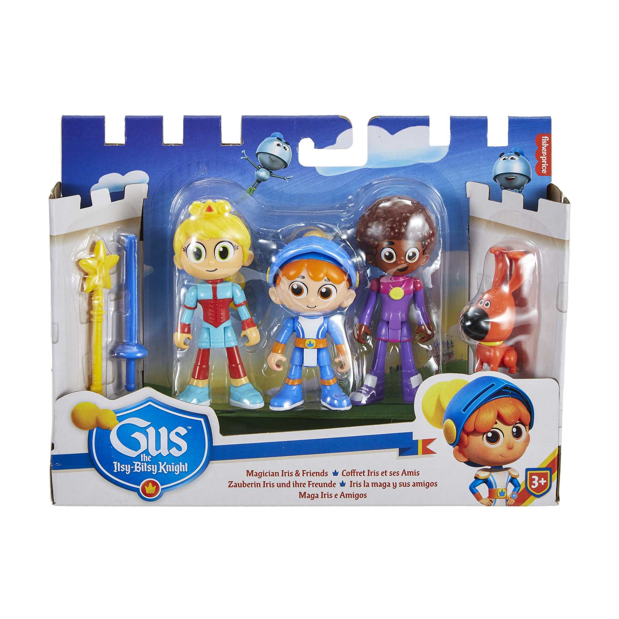 Set di giocattoli con tre figure, un cavaliere e due amici, in una confezione a tema castello.