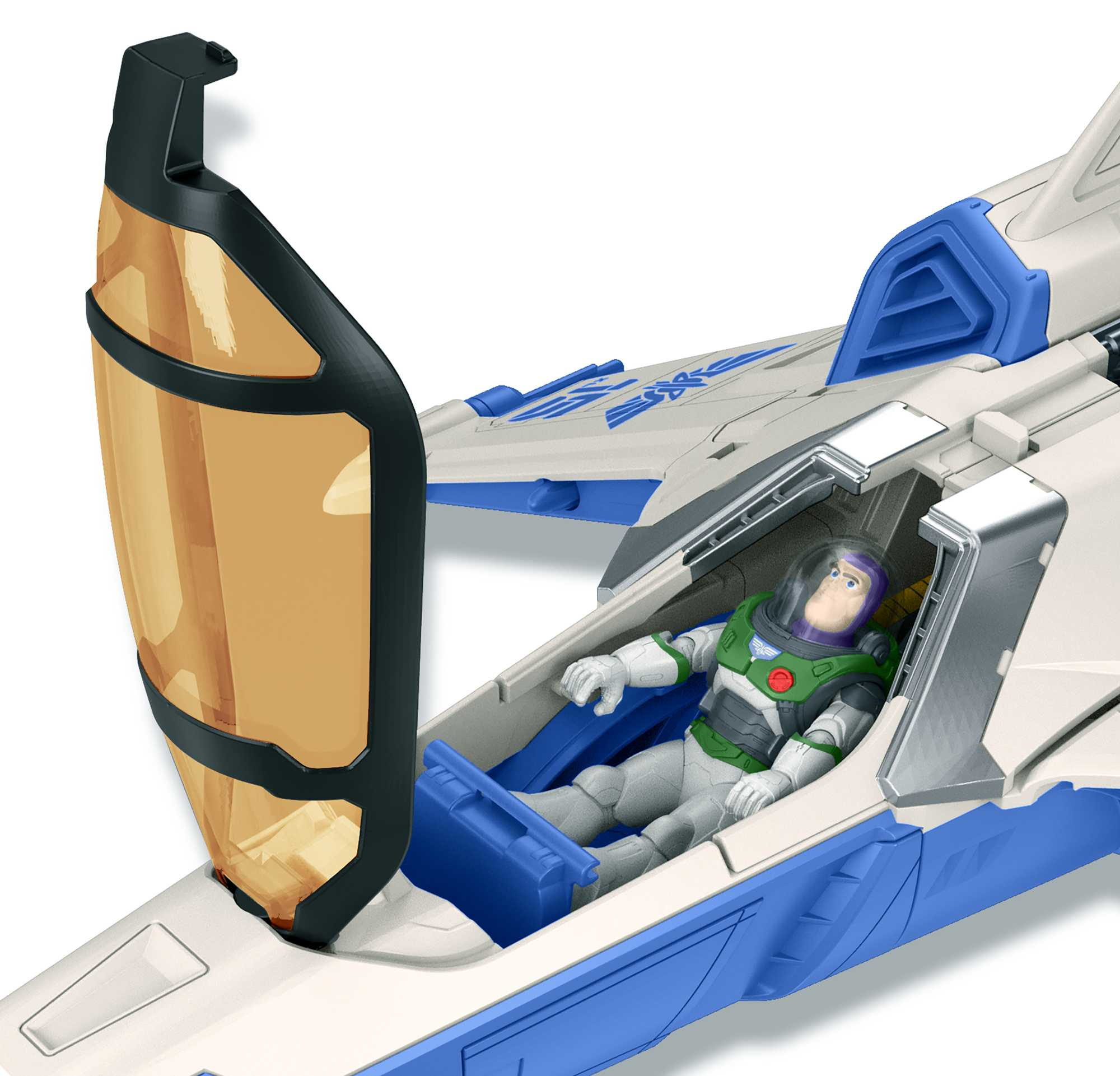 Figura di Buzz Lightyear in un'astronave bianca e blu con un abitacolo aperto.