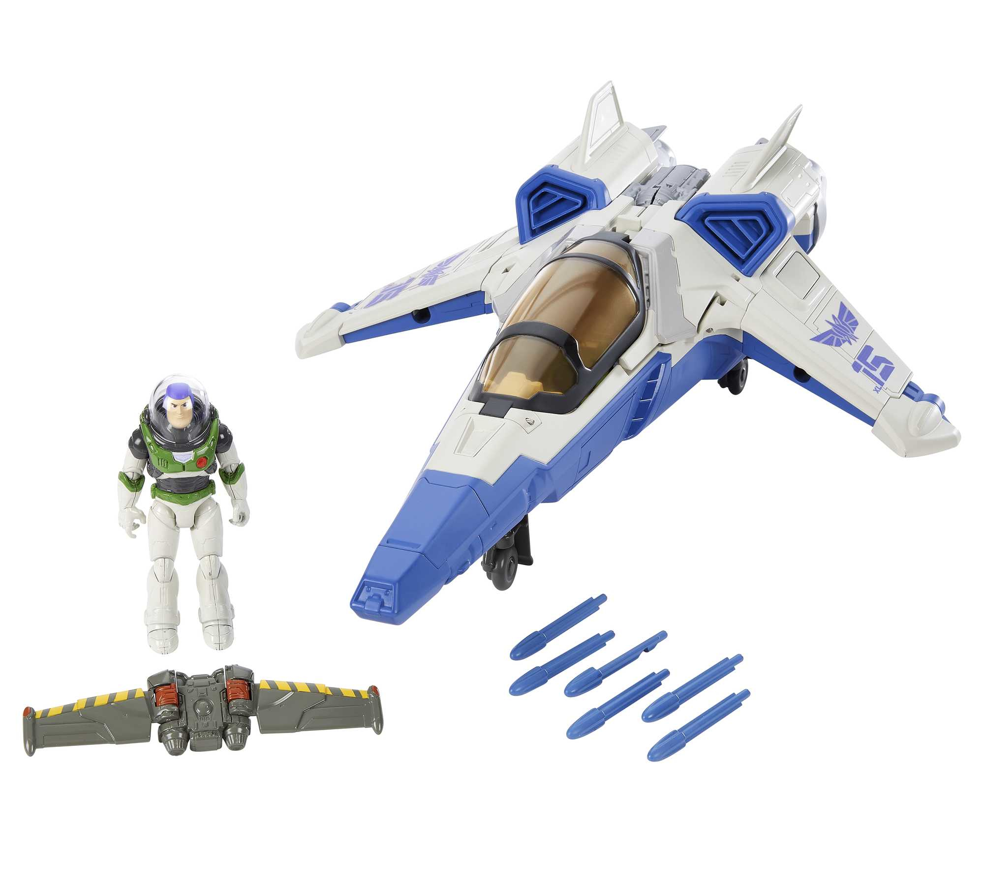 Una figura di Buzz Lightyear, un'astronave e missili.