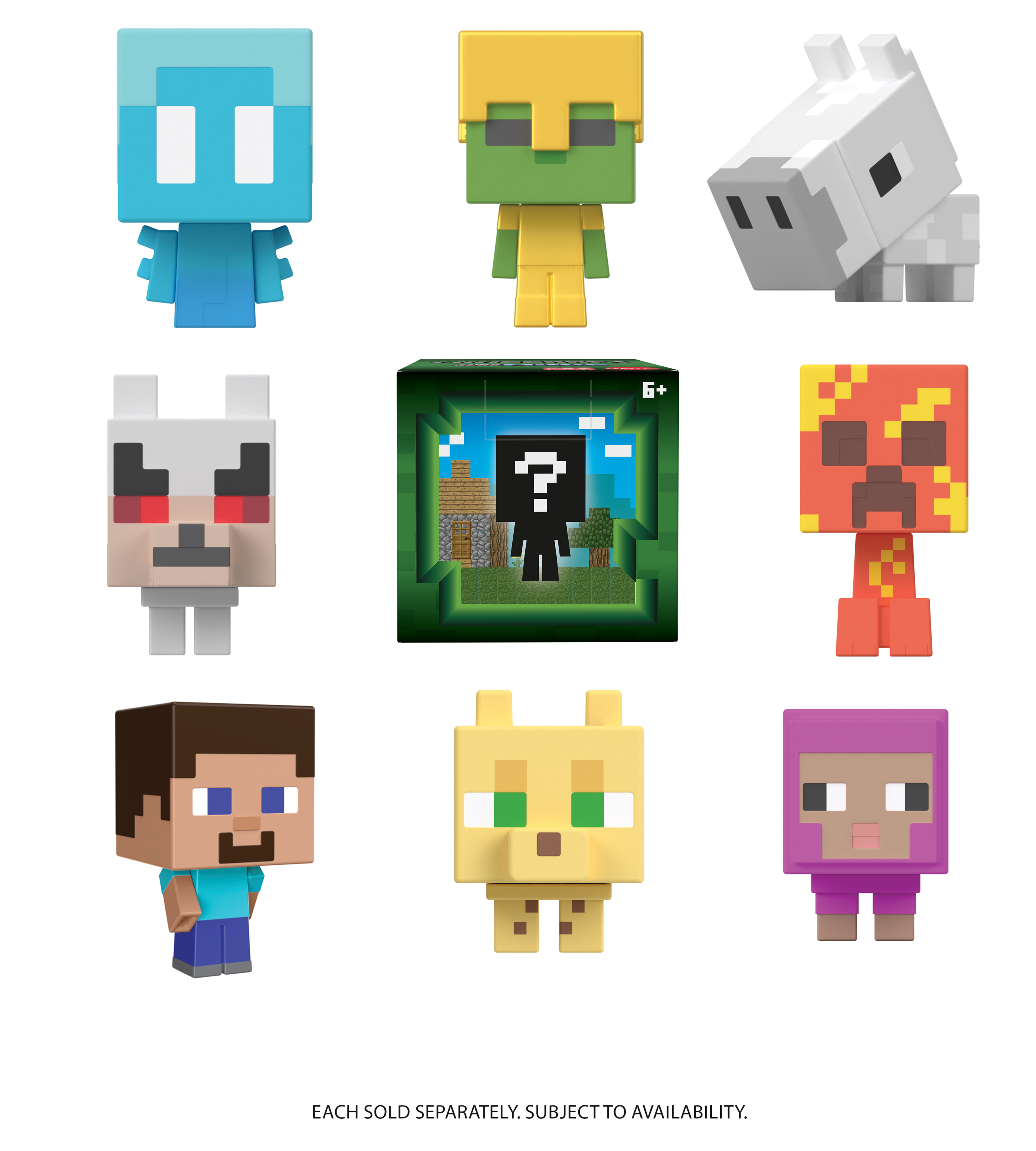 Neun Minecraft-Figuren, darunter eine blaue Kreatur, ein Zombie, ein weißes Schaf und eine Steve-Figur.