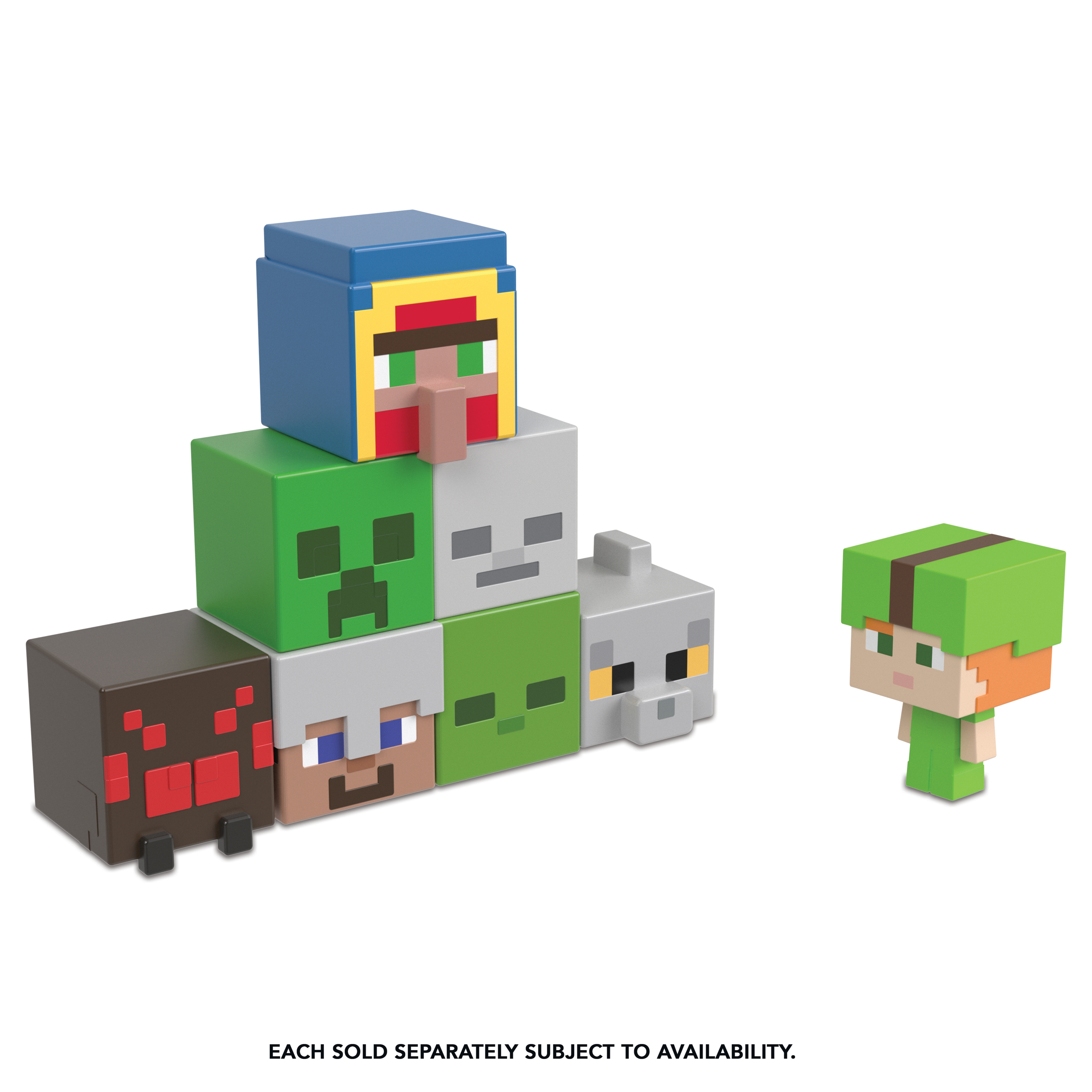 Minecraft-Spielzeugblockfiguren. Mehrere Blockcharaktere und eine grün gekleidete Figur stehen separat.