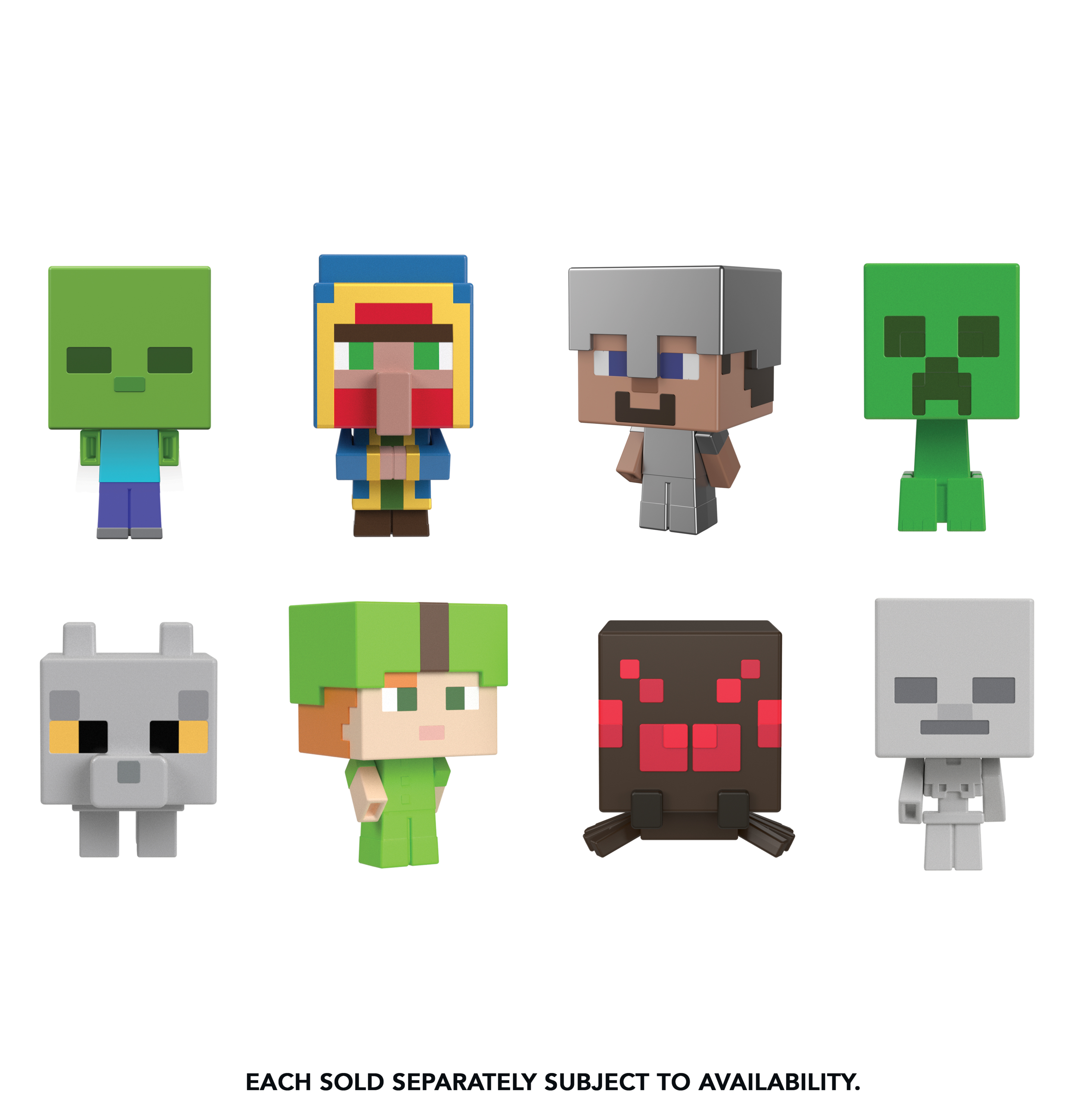 Eine Sammlung von Minecraft-Spielfiguren. Verschiedene Charaktere sind sichtbar, jeder in einer Box.