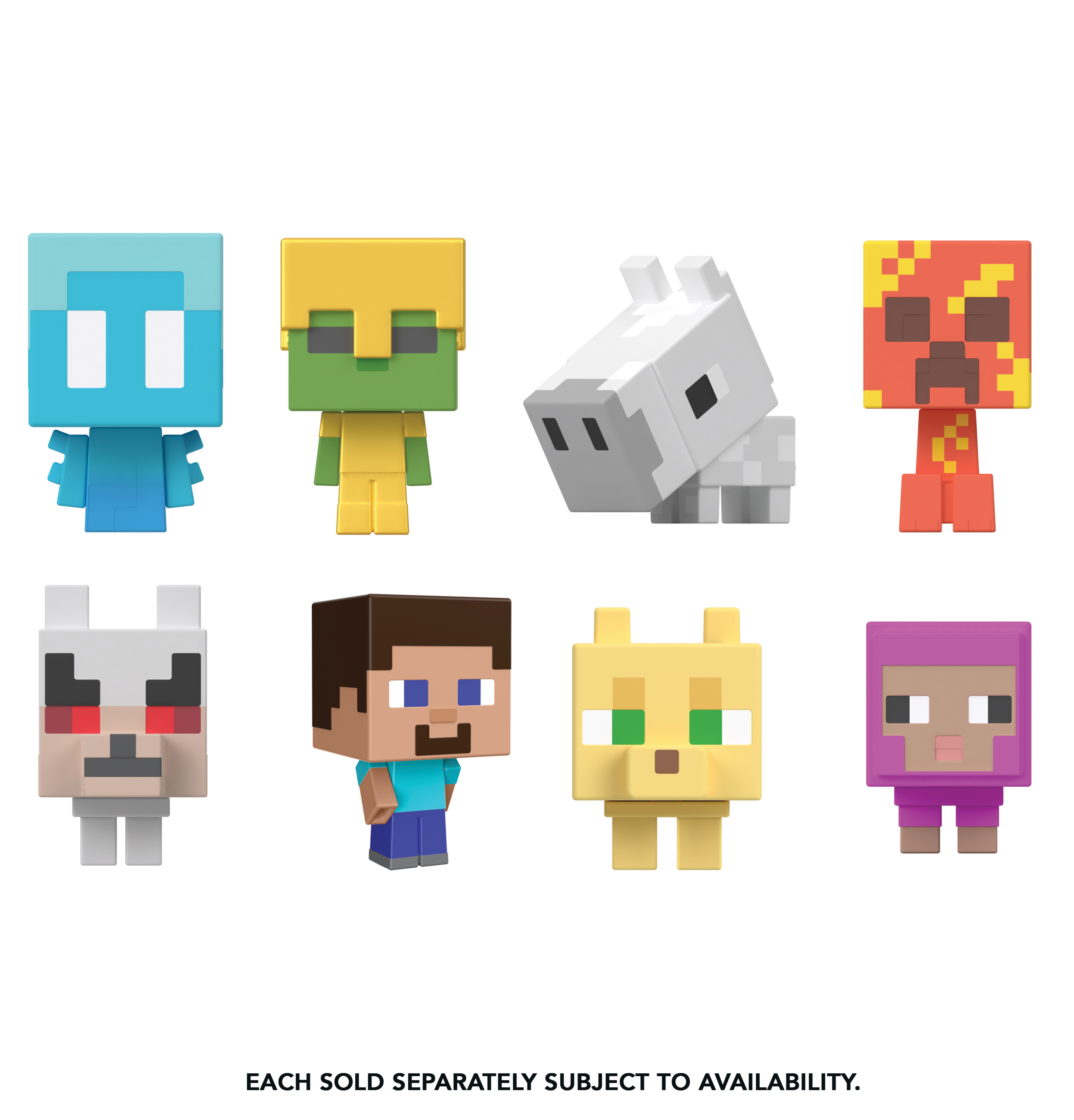 Acht pixelige Minecraft-Figuren. Jede hat eine einzigartige Farbe und Form, in zwei Reihen angeordnet.