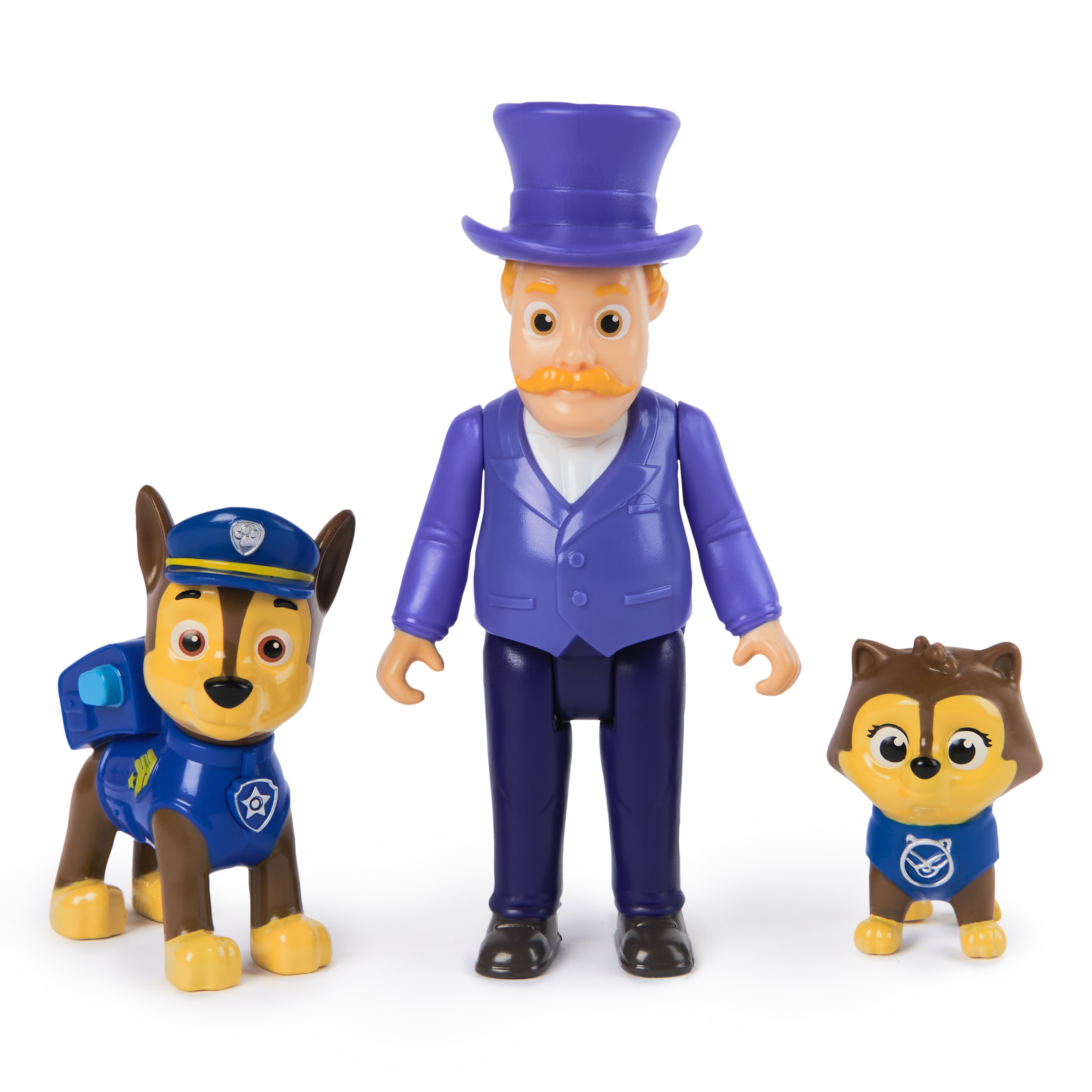 Tre personaggi di Paw Patrol: un cane in uniforme della polizia, un uomo in viola e un cane in blu. Sfondo bianco.