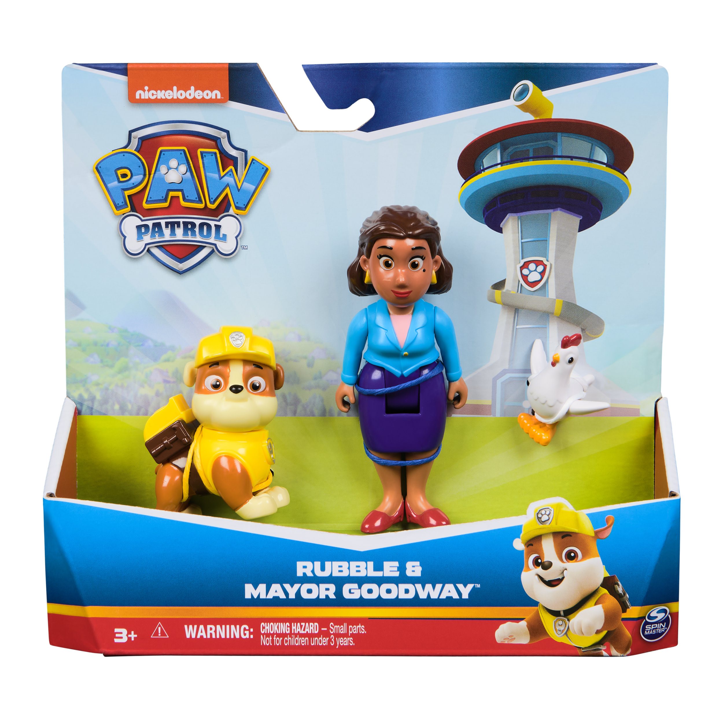 Zestaw zabawek Paw Patrol z Rubble, burmistrz Goodway, wieżą obserwacyjną i kurczakiem.