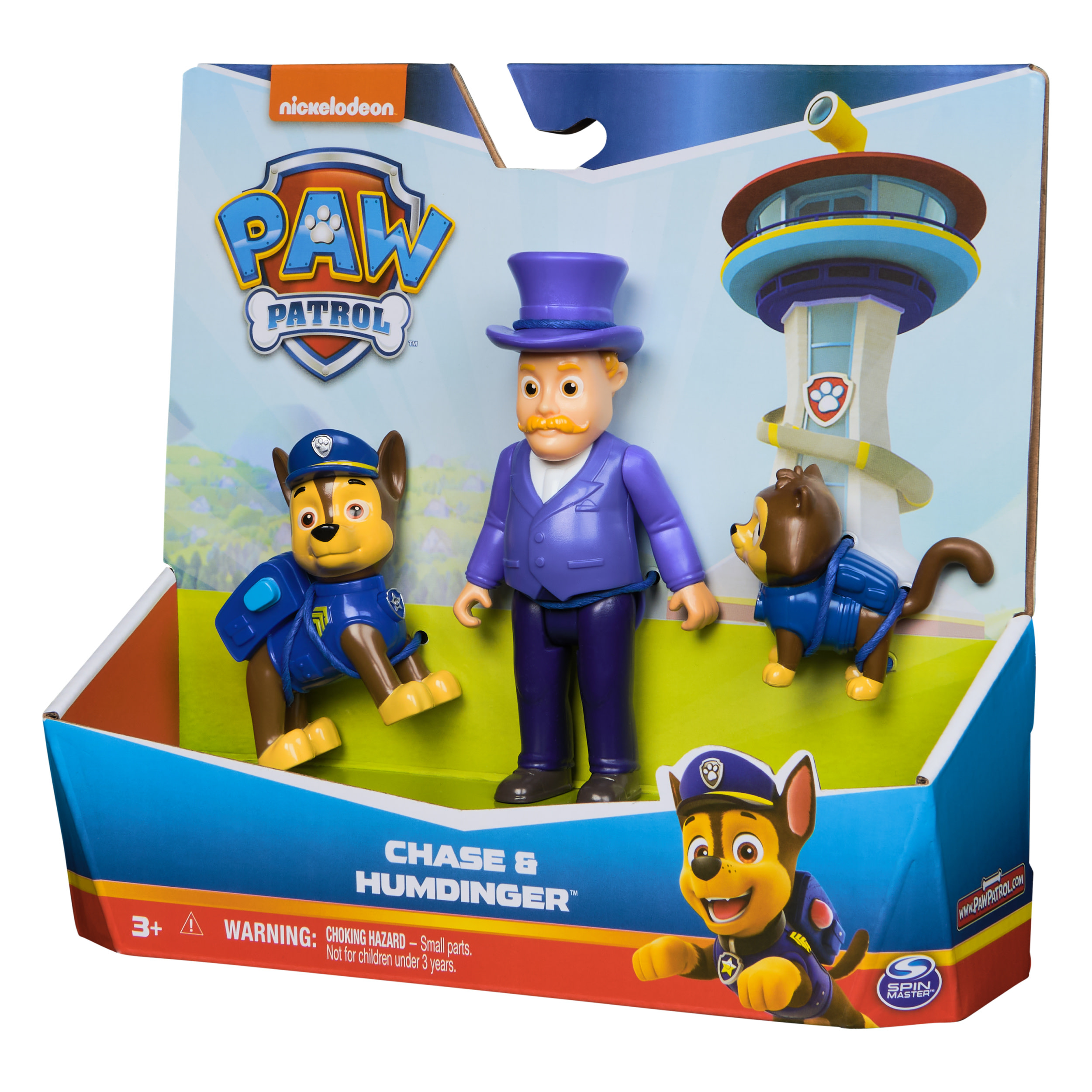 Set di giocattoli Paw Patrol: Chase, Humdinger e due cuccioli, più torre. La confezione ha logo e testo.