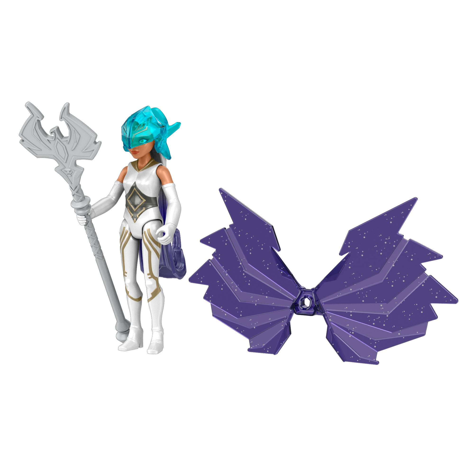 Una superheroína blanca y azul con alas y un bastón junto a alas moradas separadas sobre fondo blanco.