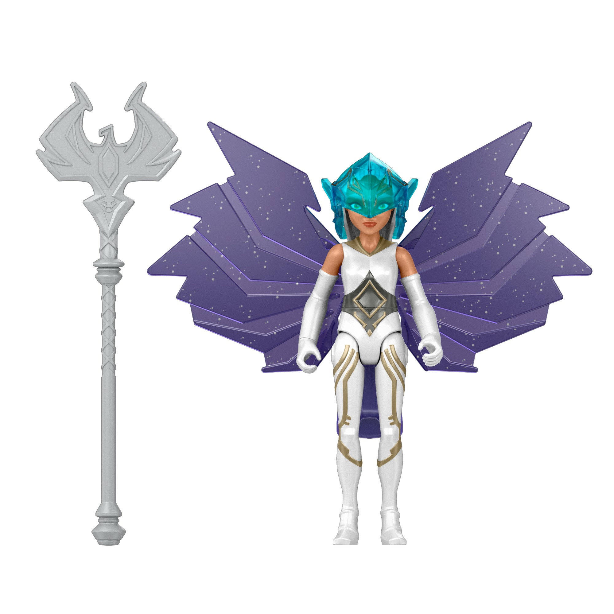 Una superheroína blanca y azul con alas y un bastón sobre fondo blanco. Las alas son moradas.