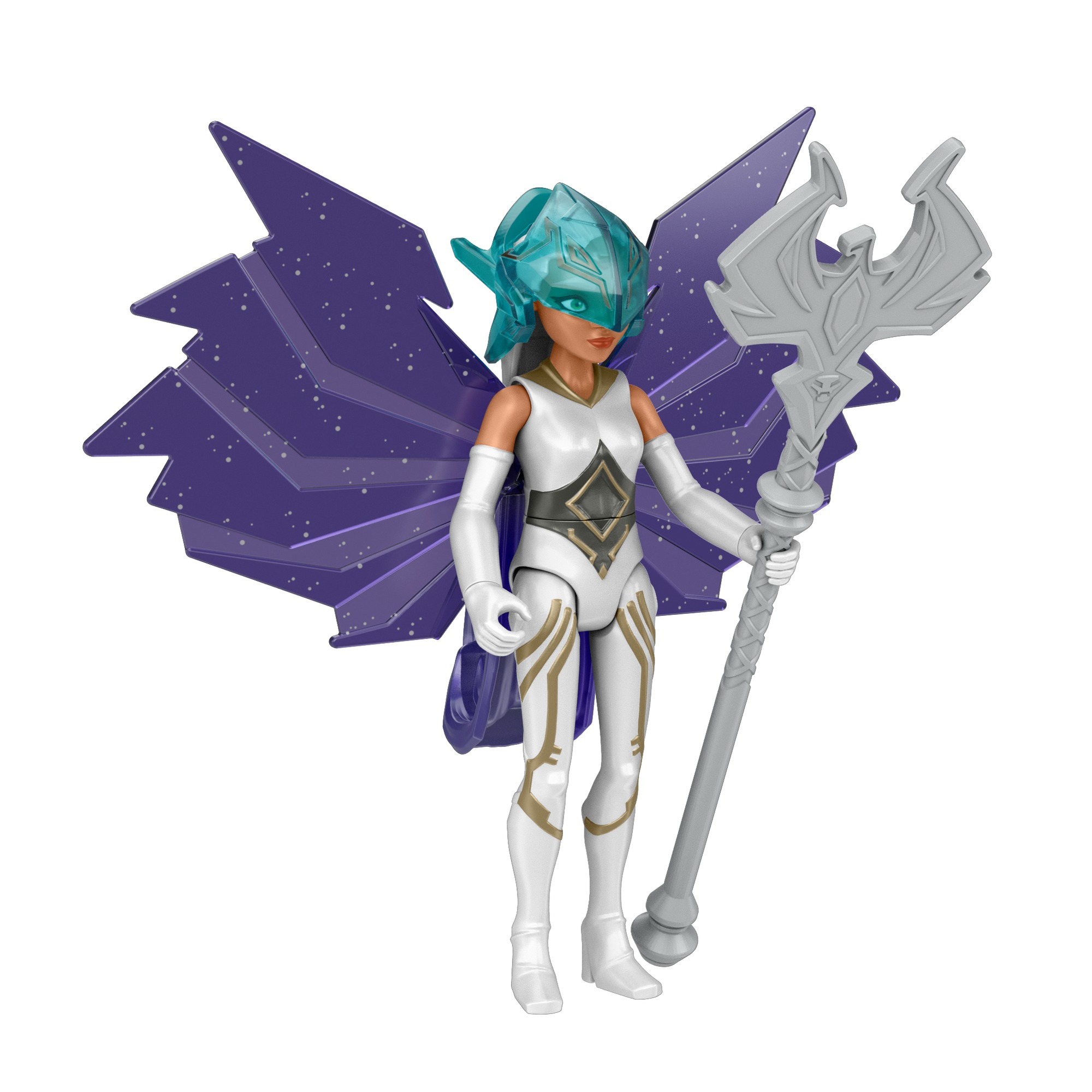 Una superheroína blanca y azul con alas moradas y un bastón sobre fondo blanco, sosteniendo el bastón.