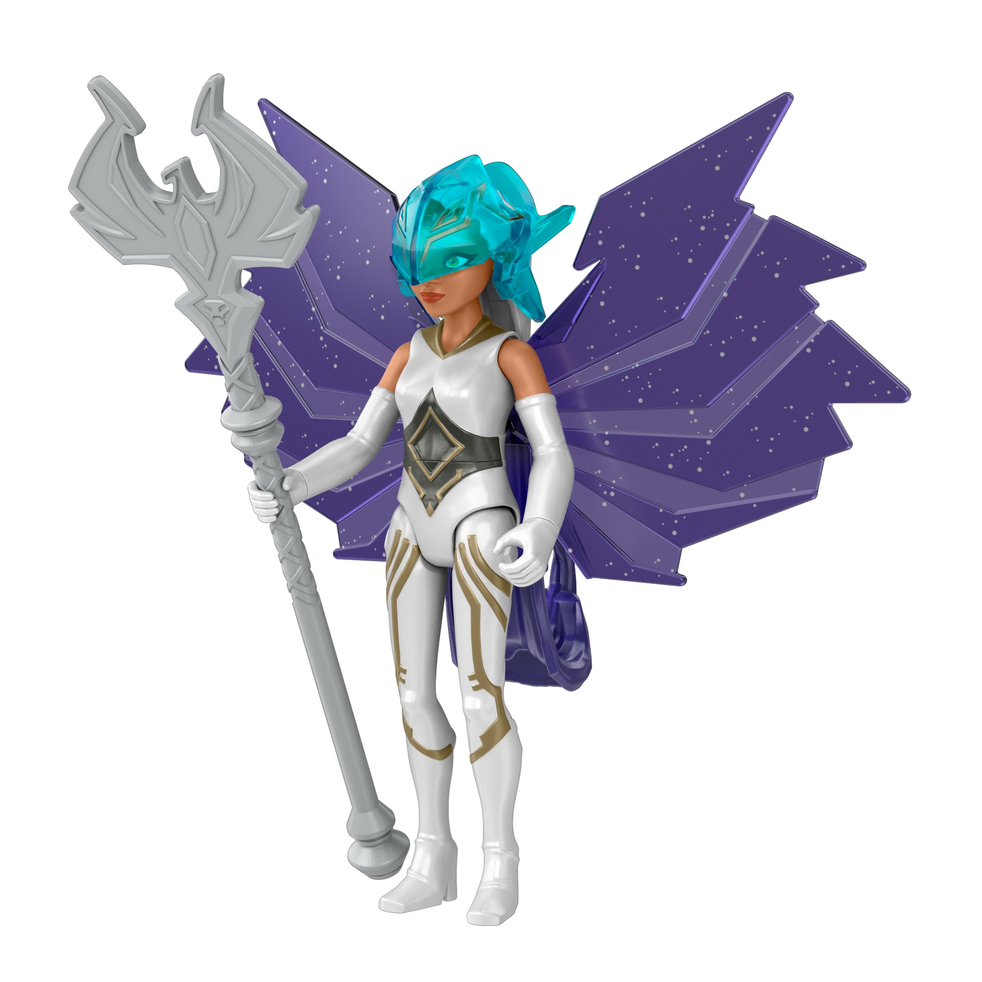 Figura de acción femenina con alas moradas y azules, un atuendo blanco y un bastón plateado.