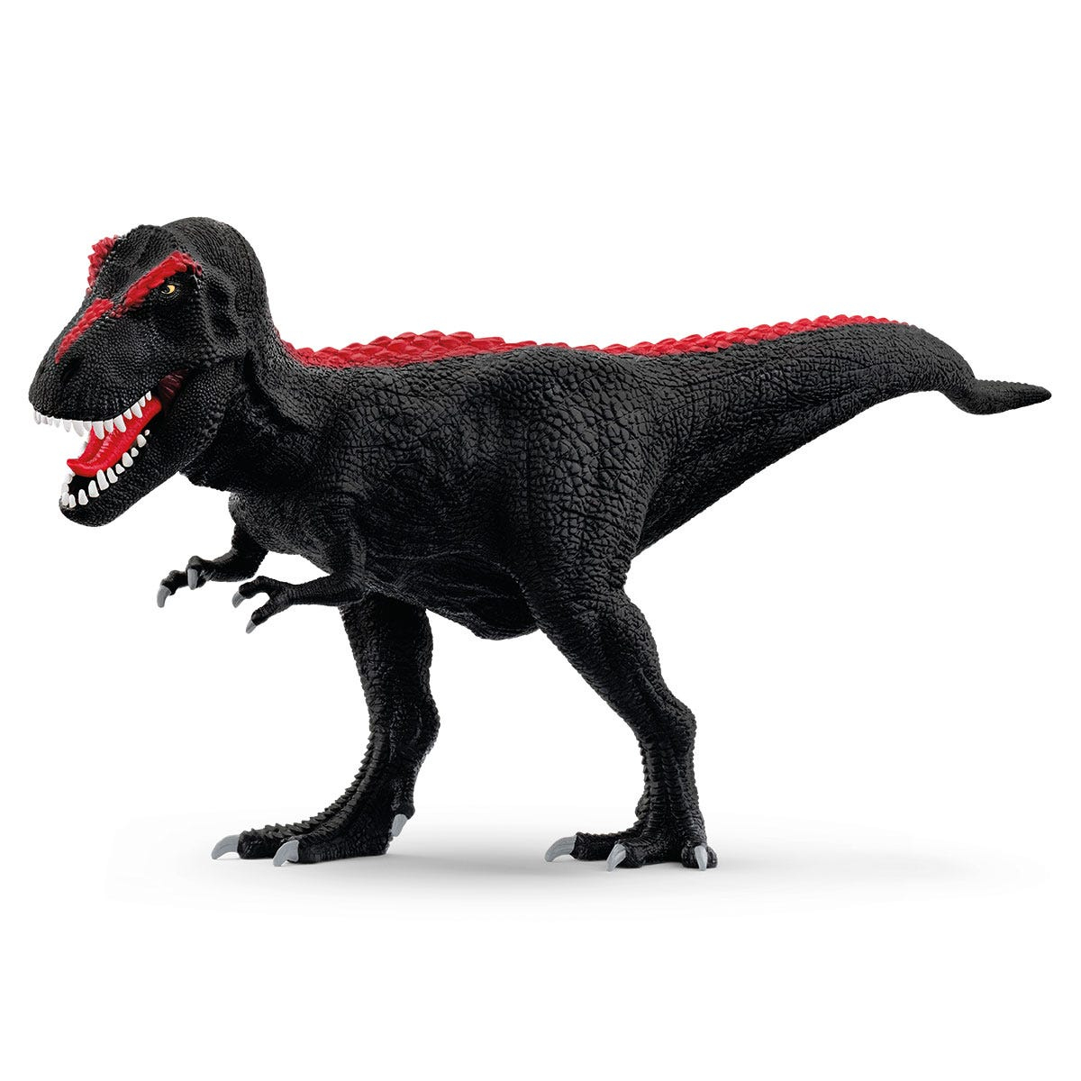 Ein schwarzes T-Rex Dinosaurier-Spielzeug mit roten Akzenten.
