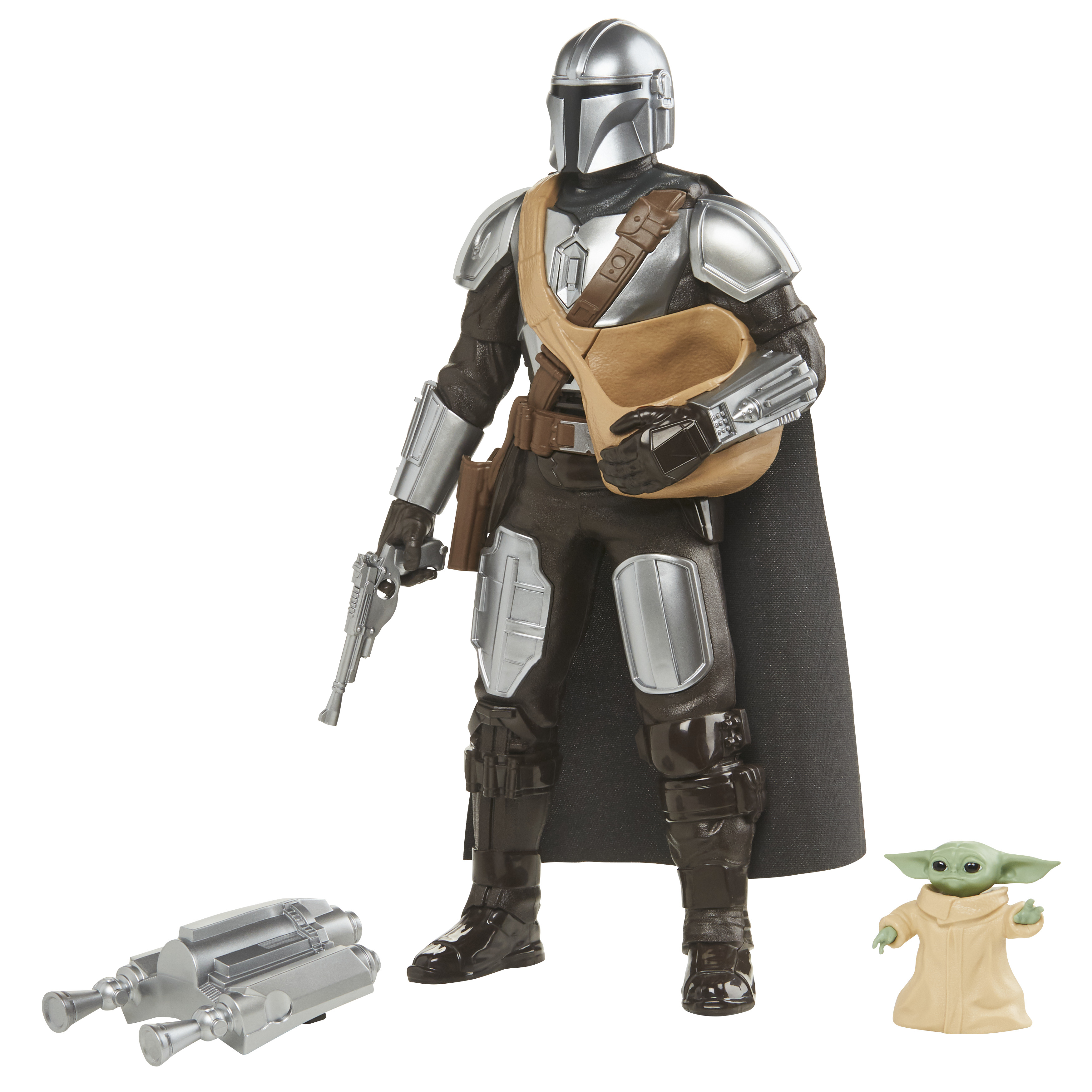 La figura del Mandaloriano con Grogu, accessori e un blaster.