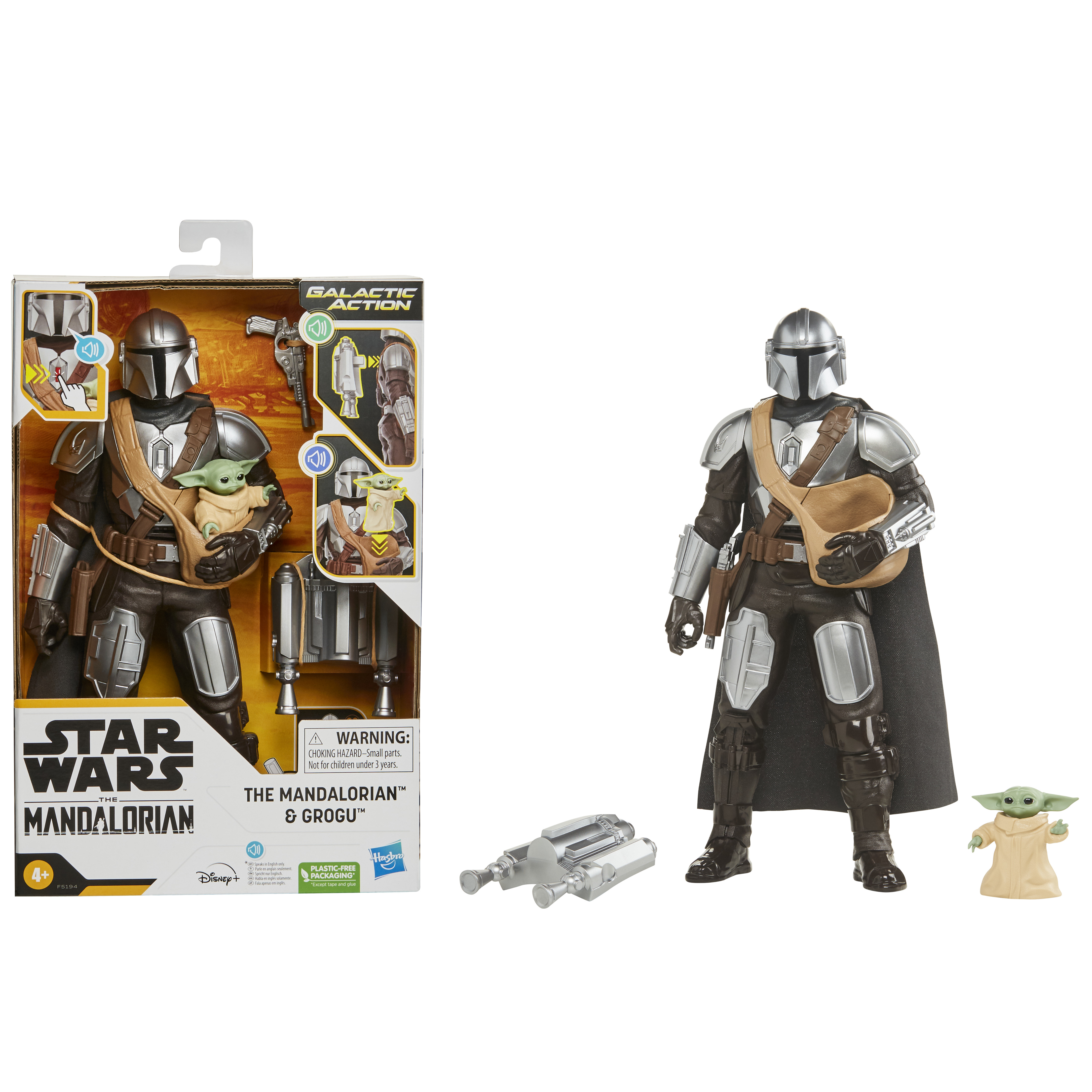 Un set di action figure di Star Wars Mandalorian. Include il Mandaloriano, Grogu, una nave e accessori.