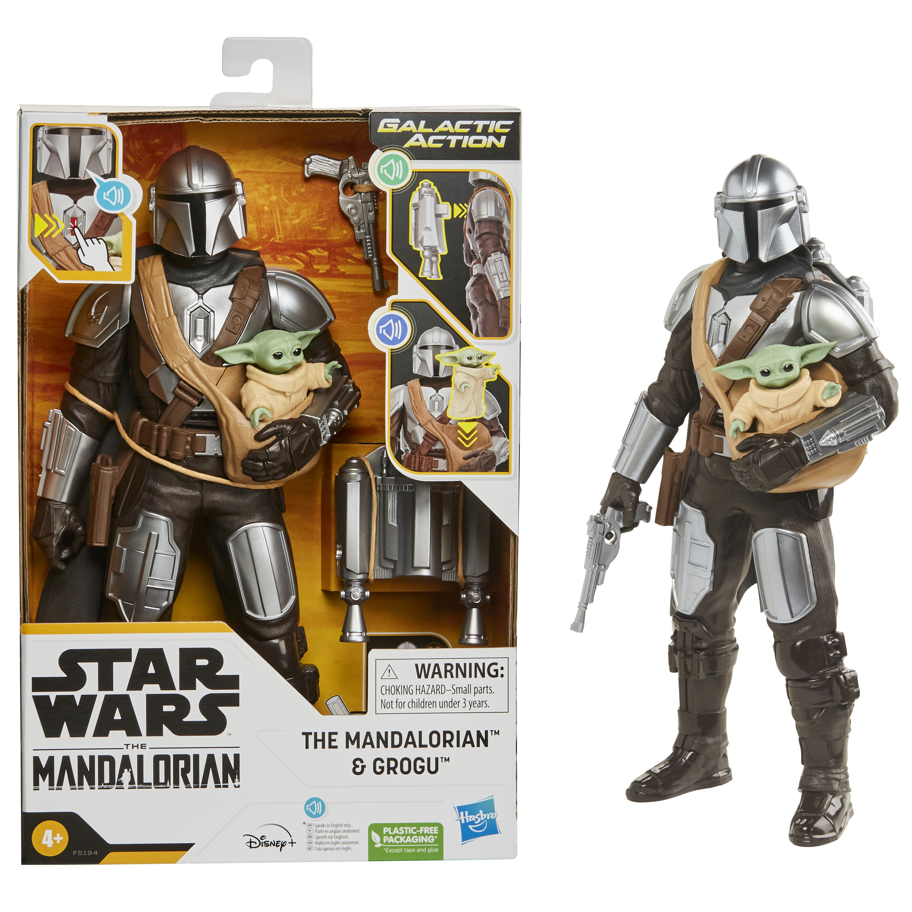 Il set di giocattoli The Mandalorian & Grogu nella confezione, con una figura che tiene Grogu.