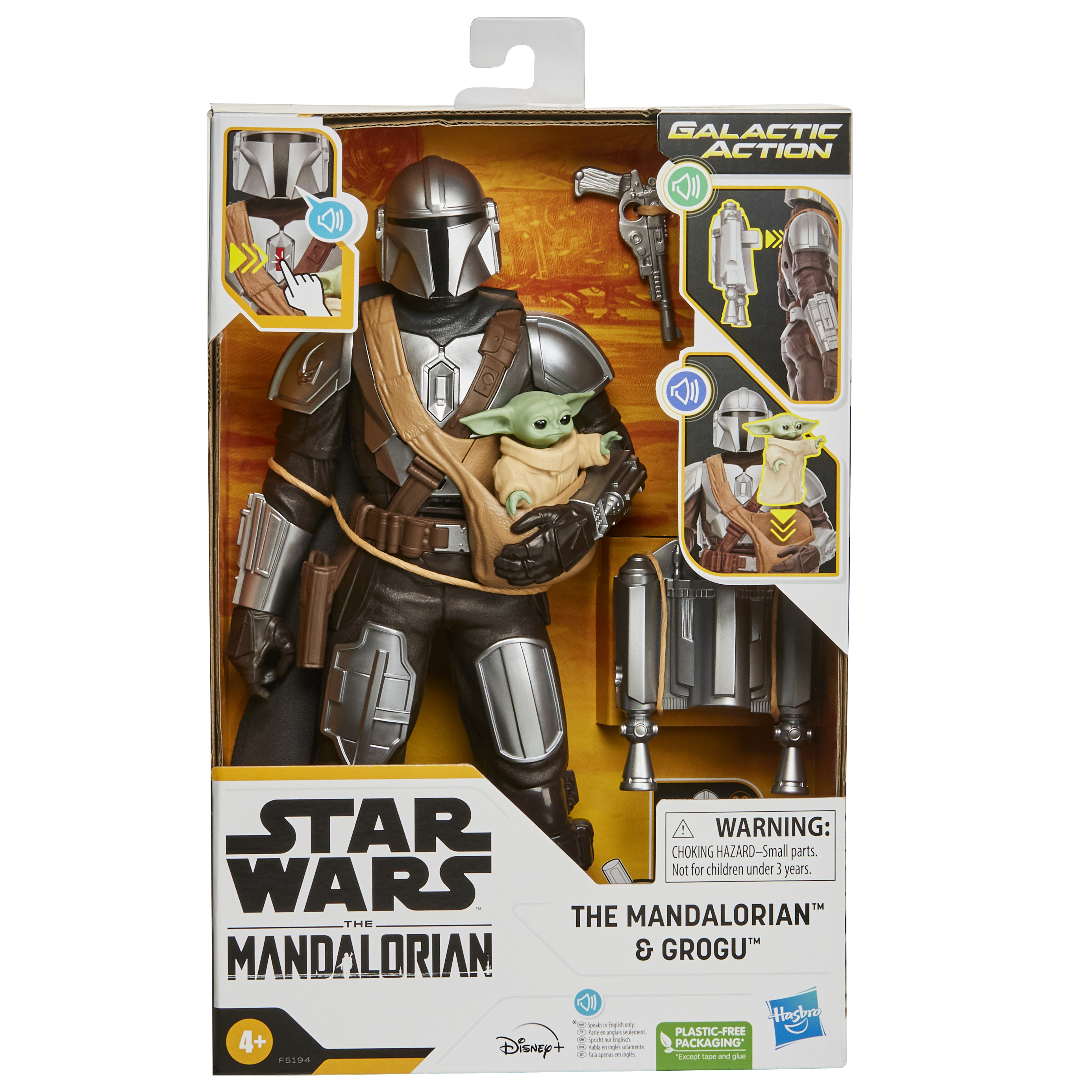 Il set di giocattoli The Mandalorian & Grogu nella confezione, con la figura del Mandaloriano che tiene Grogu.