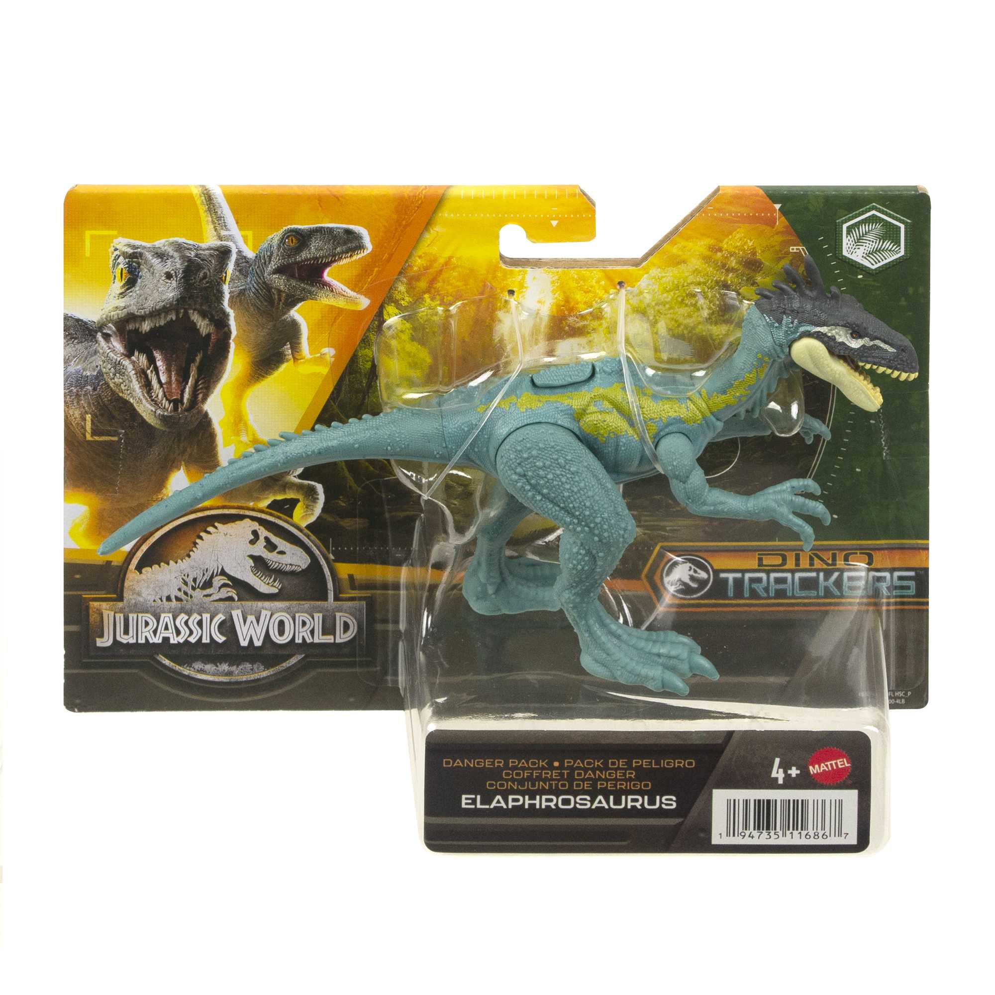 Ein Spielzeug-Dinosaurier in einer Verpackung. Es ist ein blauer Dinosaurier mit gelben Streifen, von Jurassic World.