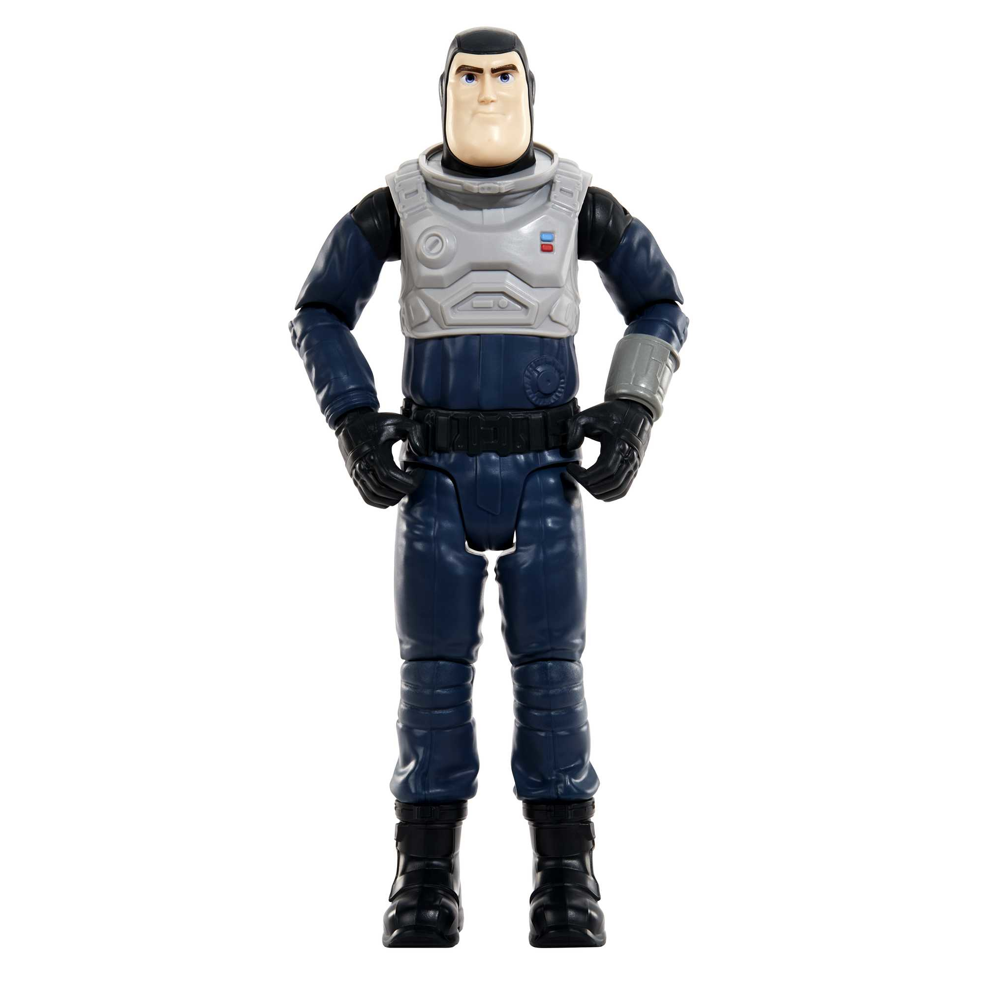 Figura de acción de Lightyear, uniforme azul con detalles grises. De pie frente a fondo blanco.