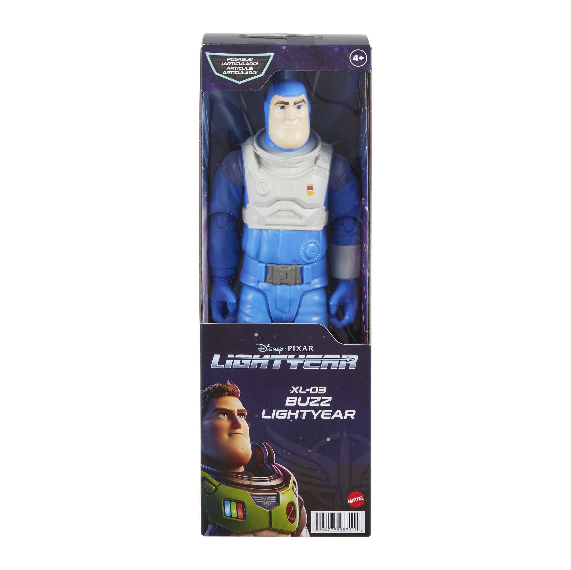 Figura de acción de Buzz Lightyear en embalaje. Traje espacial azul y blanco. La caja muestra la cara de Buzz.