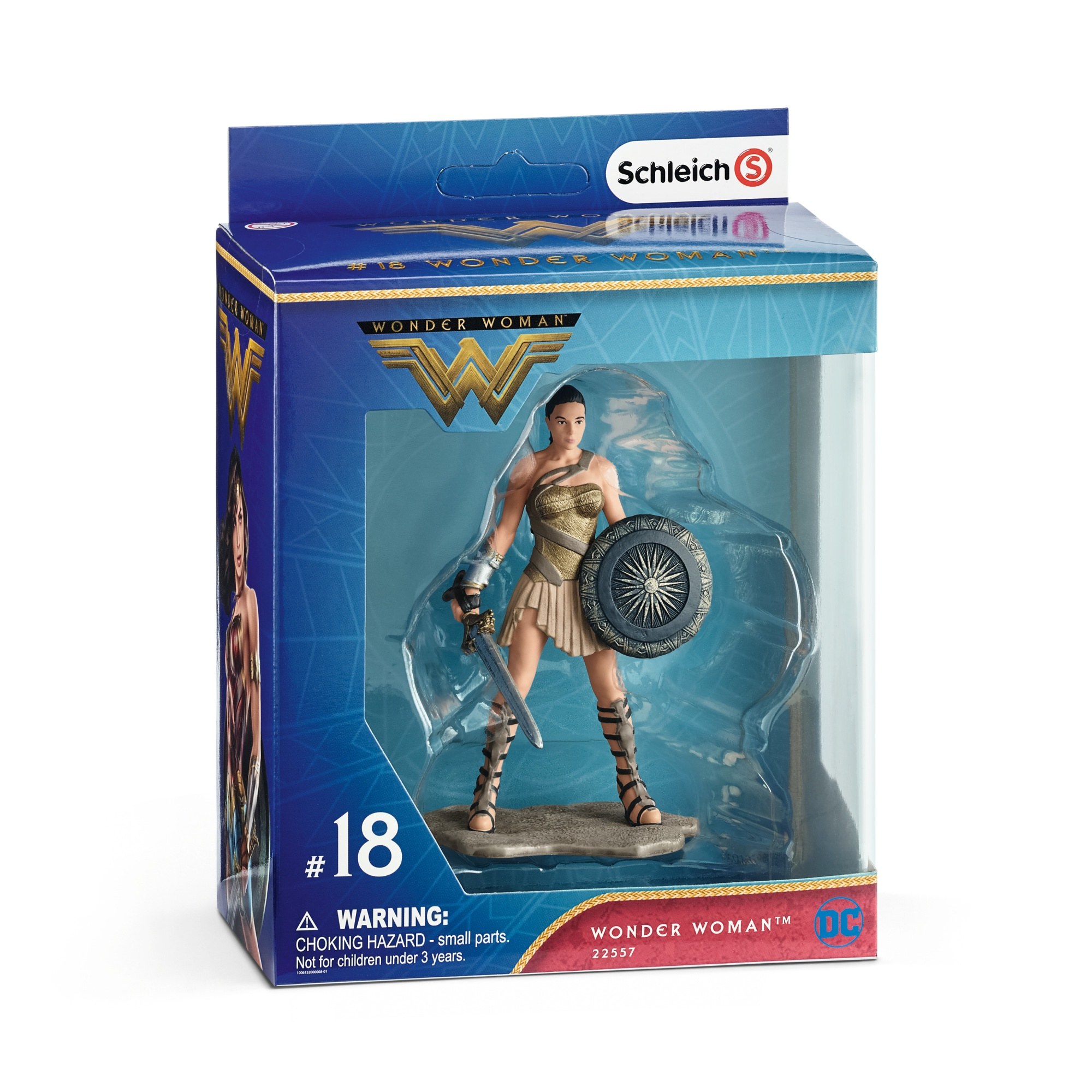 Wonder Woman Actionfigur in einer Displaybox mit blauem und goldenem Hintergrund.
