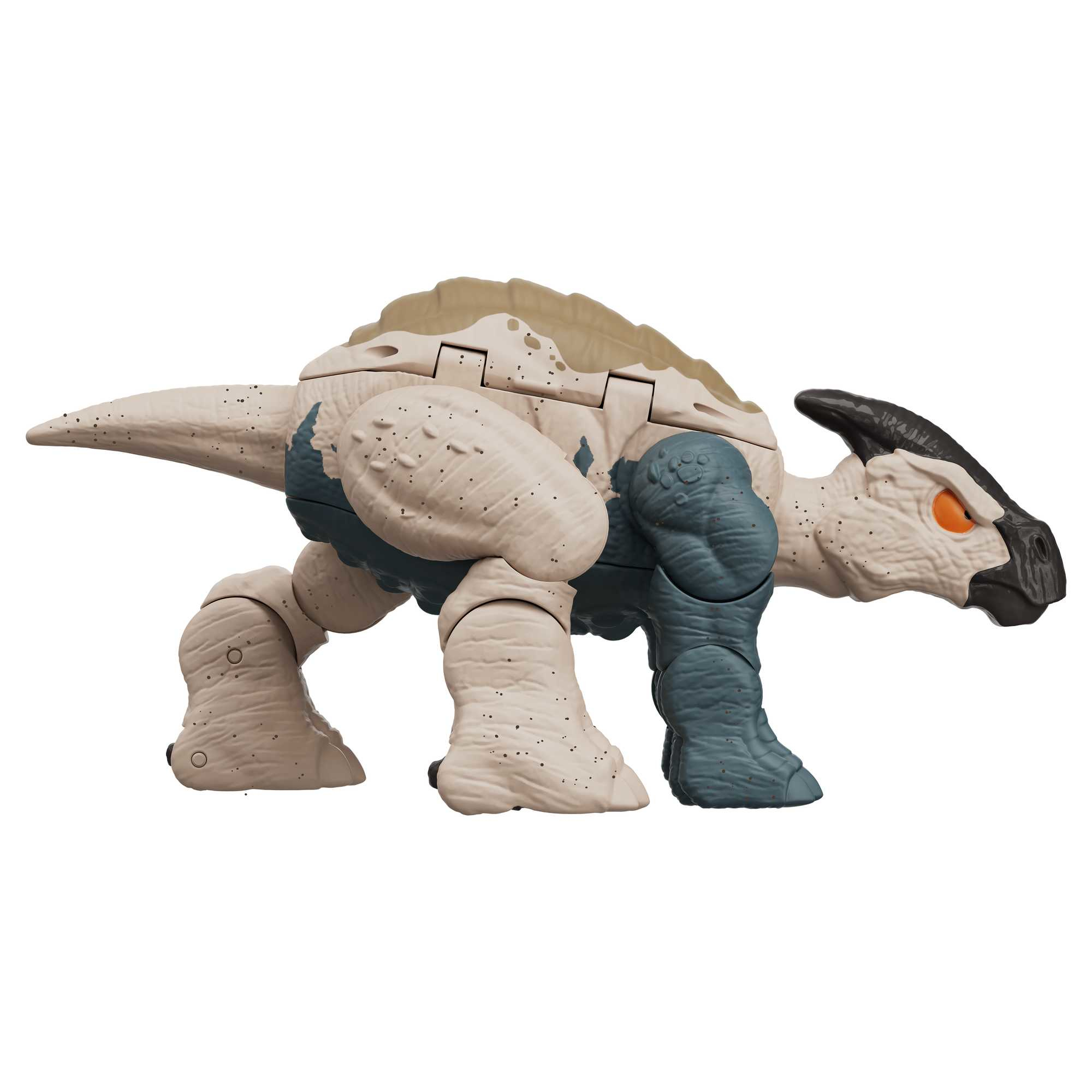 Un giocattolo di dinosauro con un corpo colorato chiaro e accenti blu e beige, rivolto a destra.