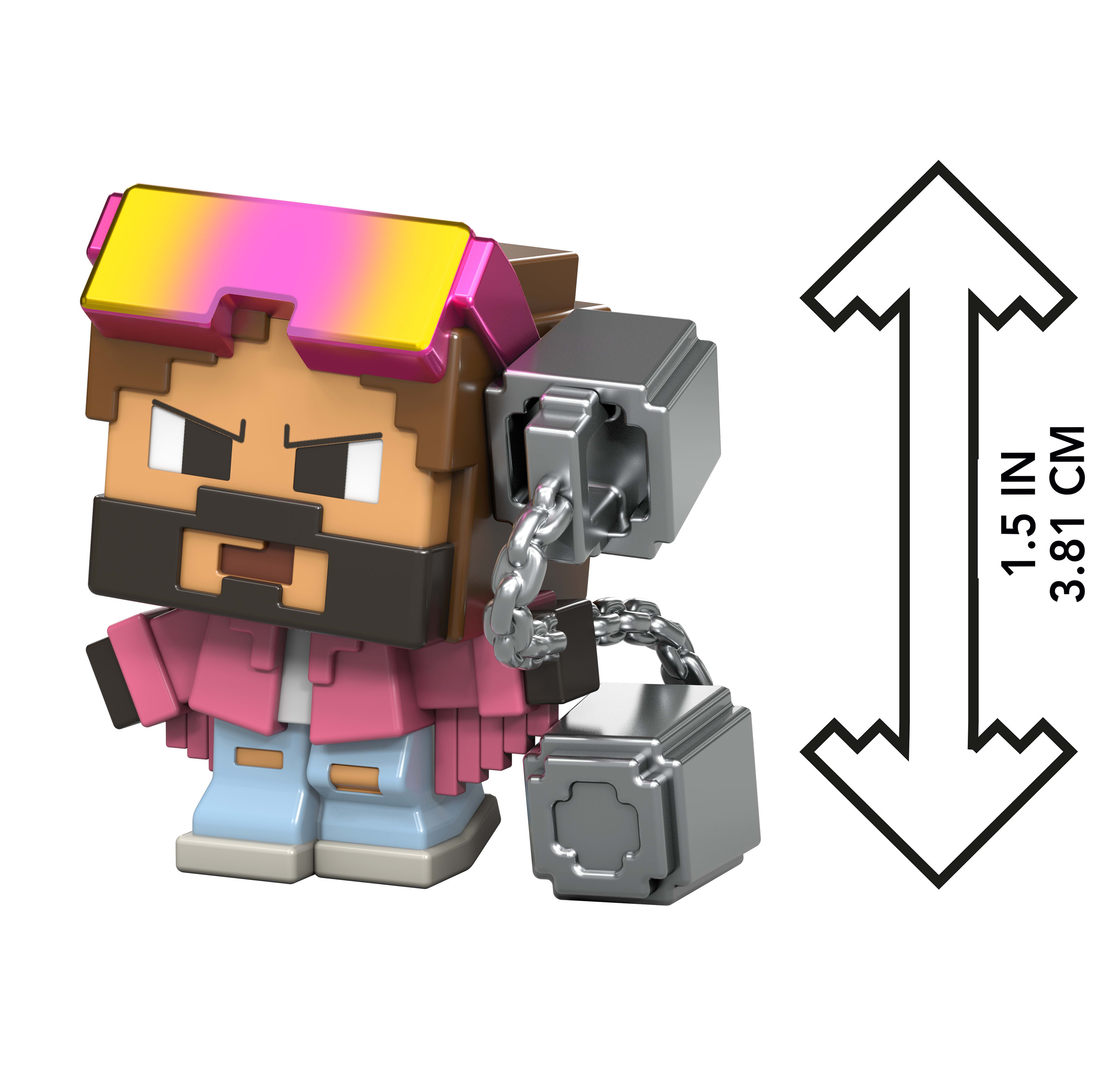 Figurka Minecraft z różową koszulą, czarną brodą i goglami, z ciężarem.