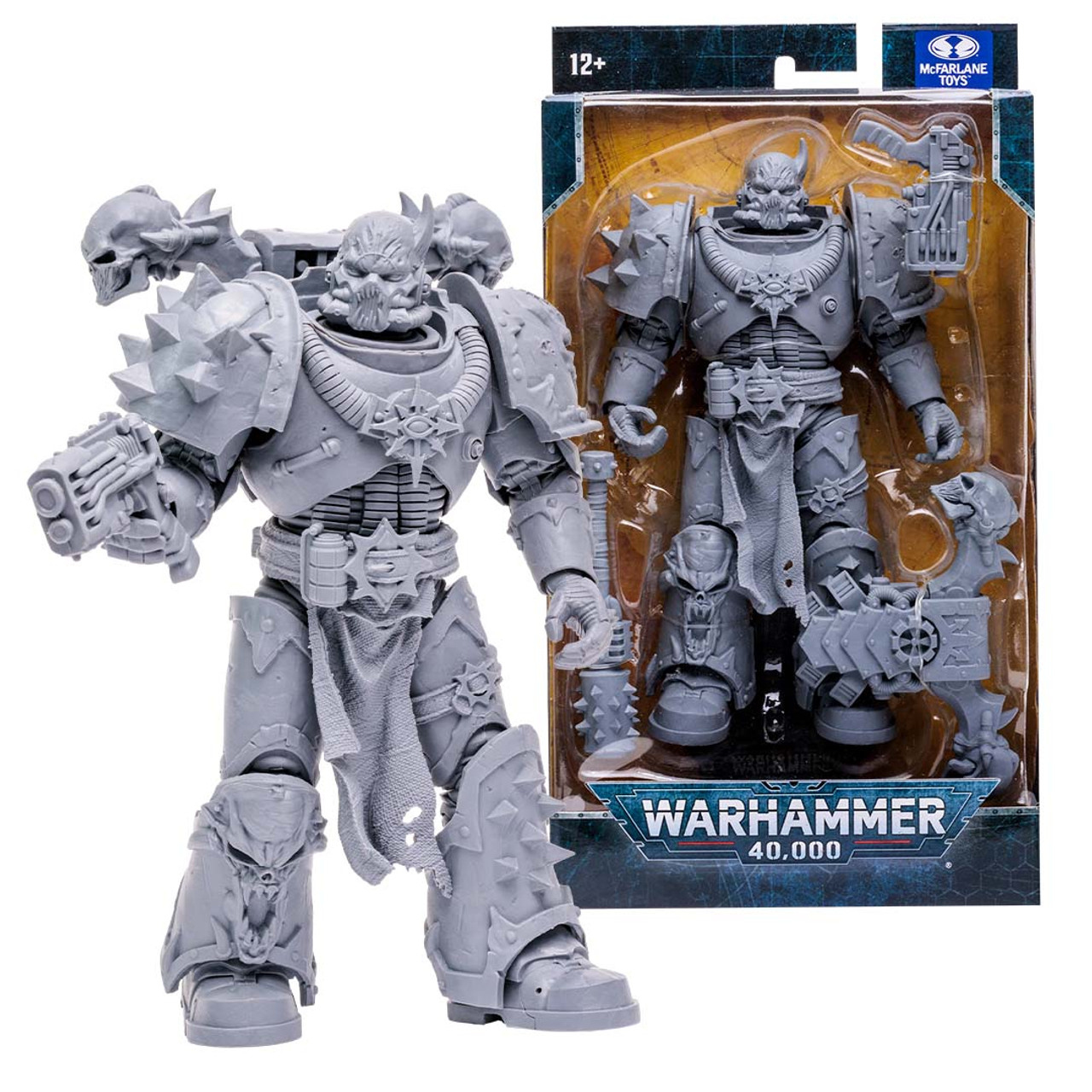 Figura di Warhammer 40.000 nella confezione. Una figura grigia corazzata è sul davanti, con altre figure sullo sfondo.