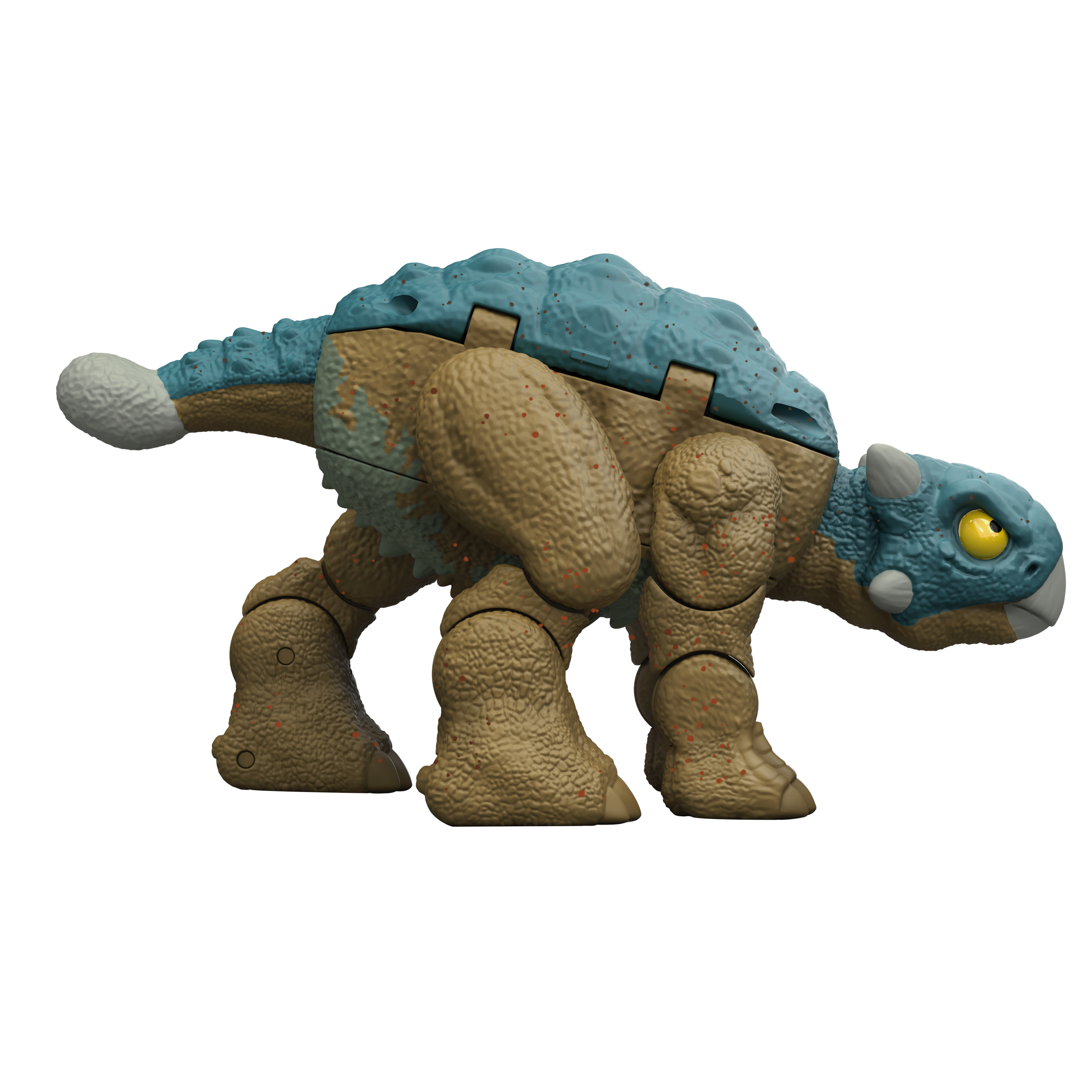 Dinosauro giocattolo, marrone e blu, con spuntoni. Ha occhi gialli, in posa su sfondo bianco.