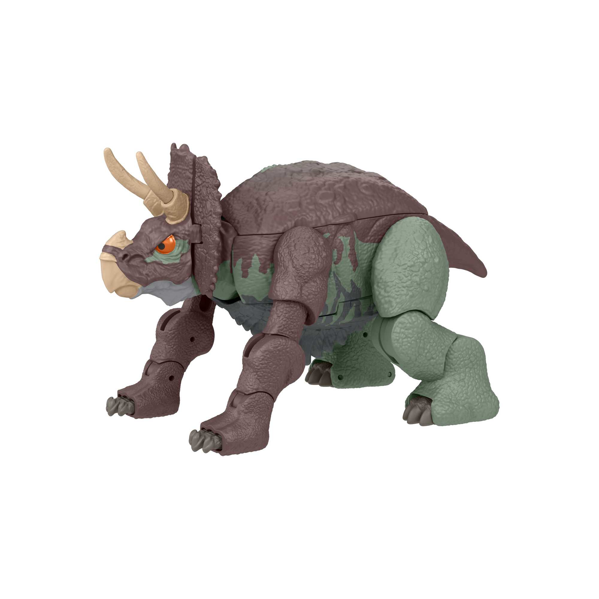 Triceratops-Spielzeug in Braun- und Grüntönen.