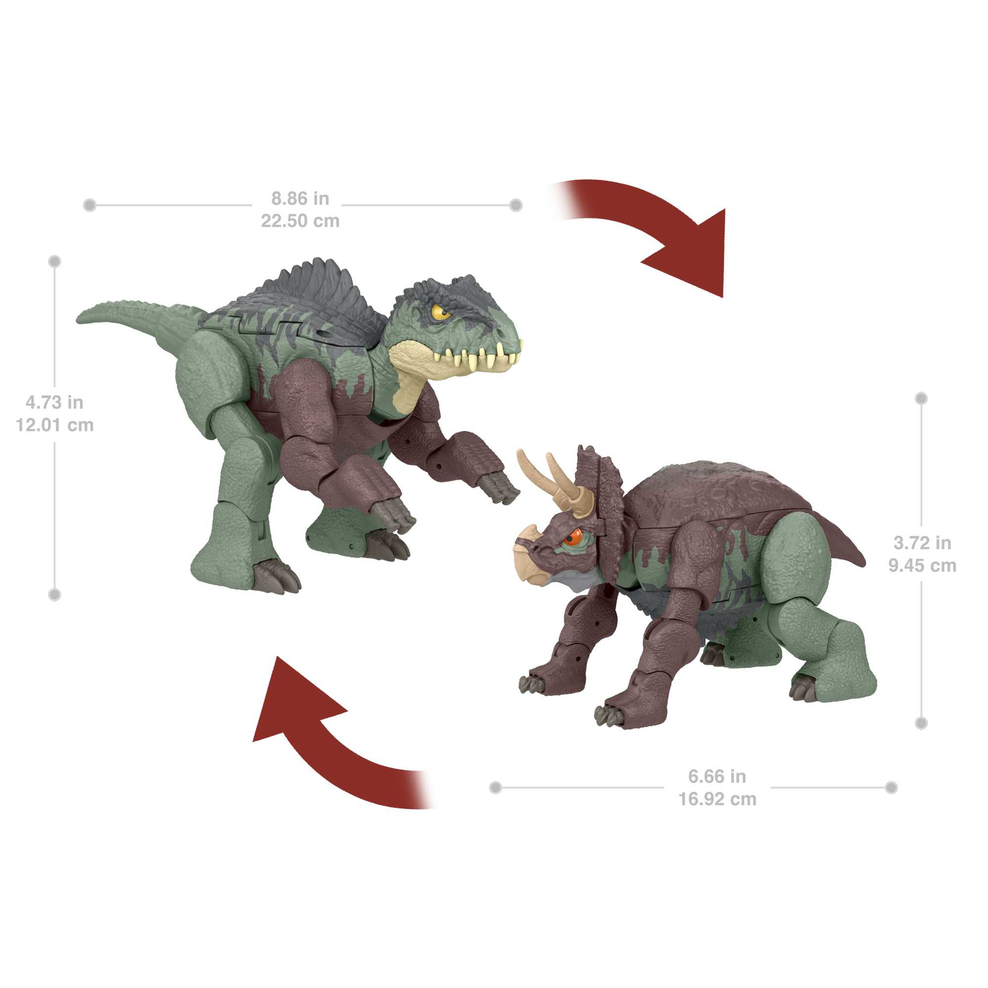 Zwei Dinosaurierspielzeuge, eines ein T-Rex, verwandeln sich in einen Triceratops, mit Maßangaben.