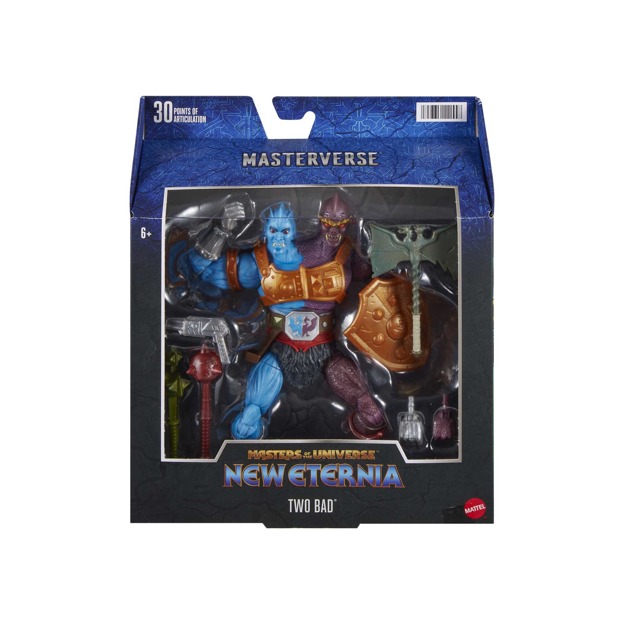 Pudełko z figurką He-Mana. Figurka jest dwutwarzowa w kolorach niebieskim i fioletowym.