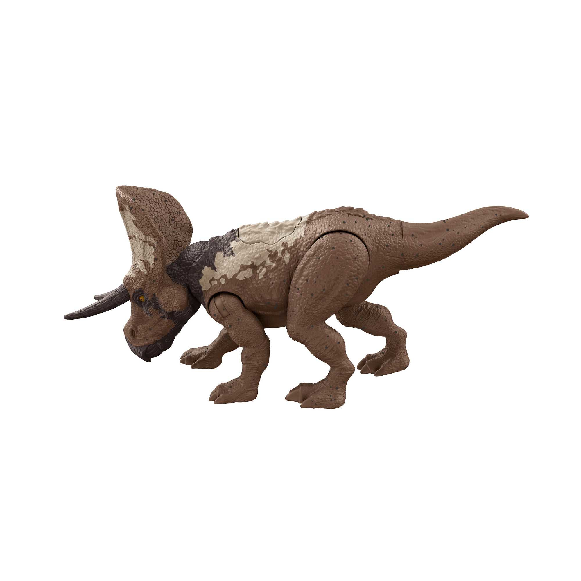 Brązowa zabawka dinozaura, Triceratops, chodząca na białym tle.