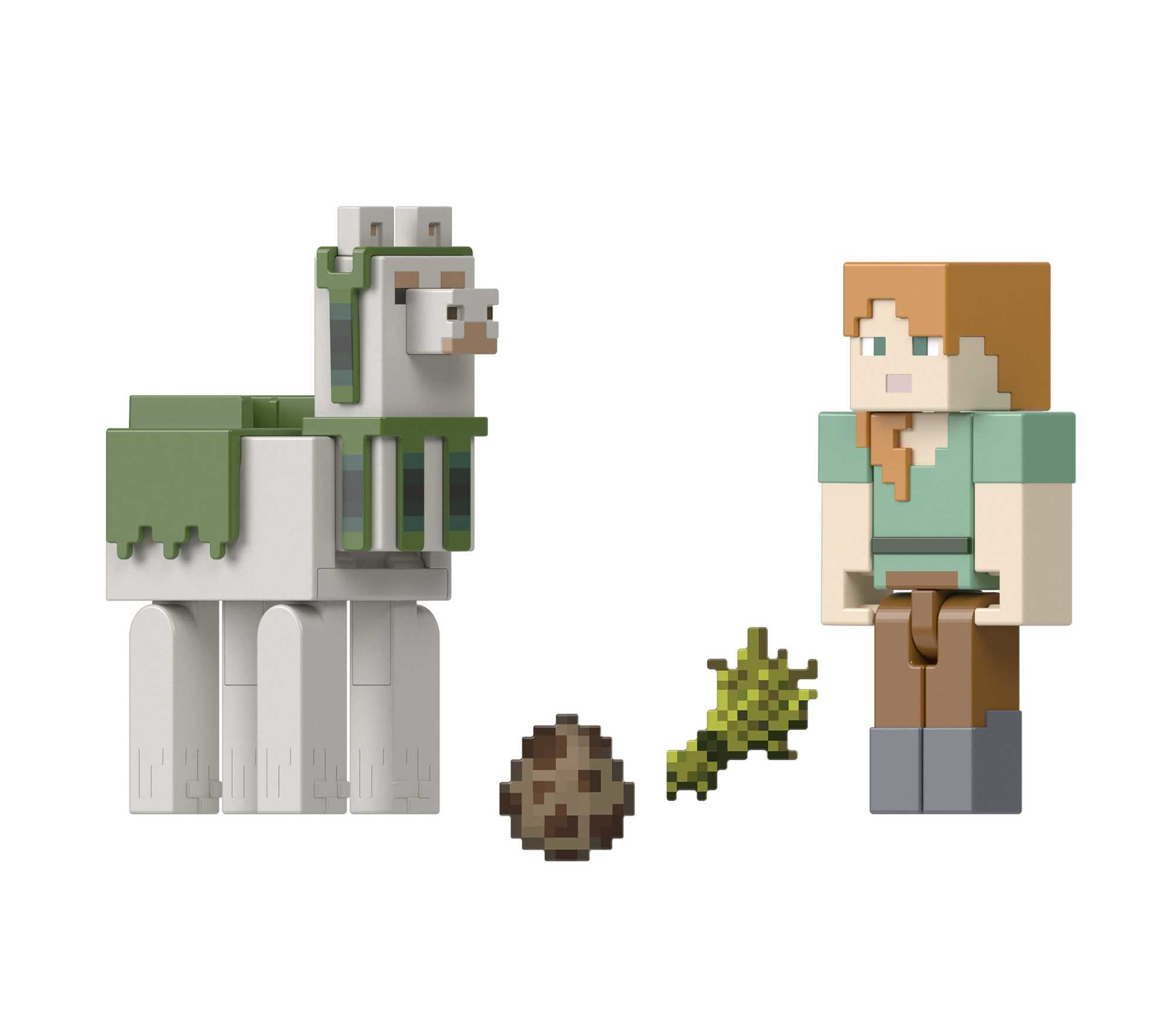 Personaggi di Minecraft: Llama e Alex. Include accessori, colori marrone e verde.