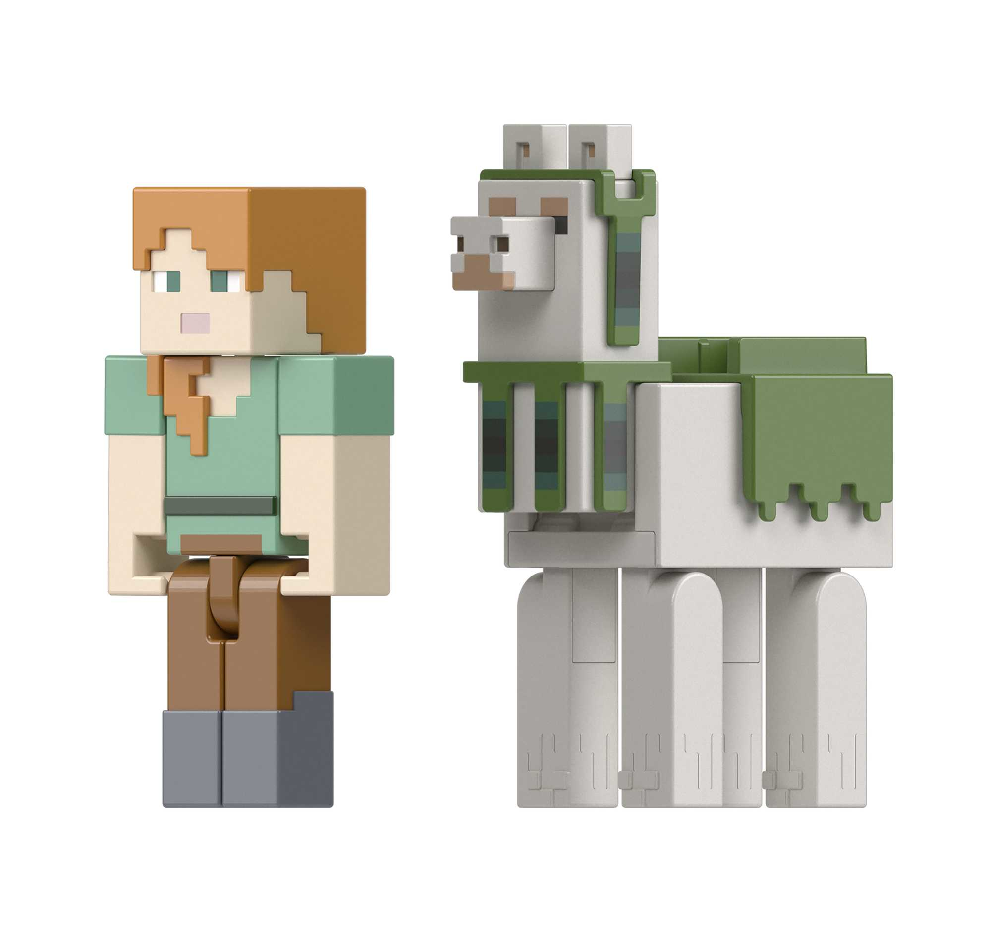 Figura di Alex di Minecraft e una figura di lama con decorazioni verdi.
