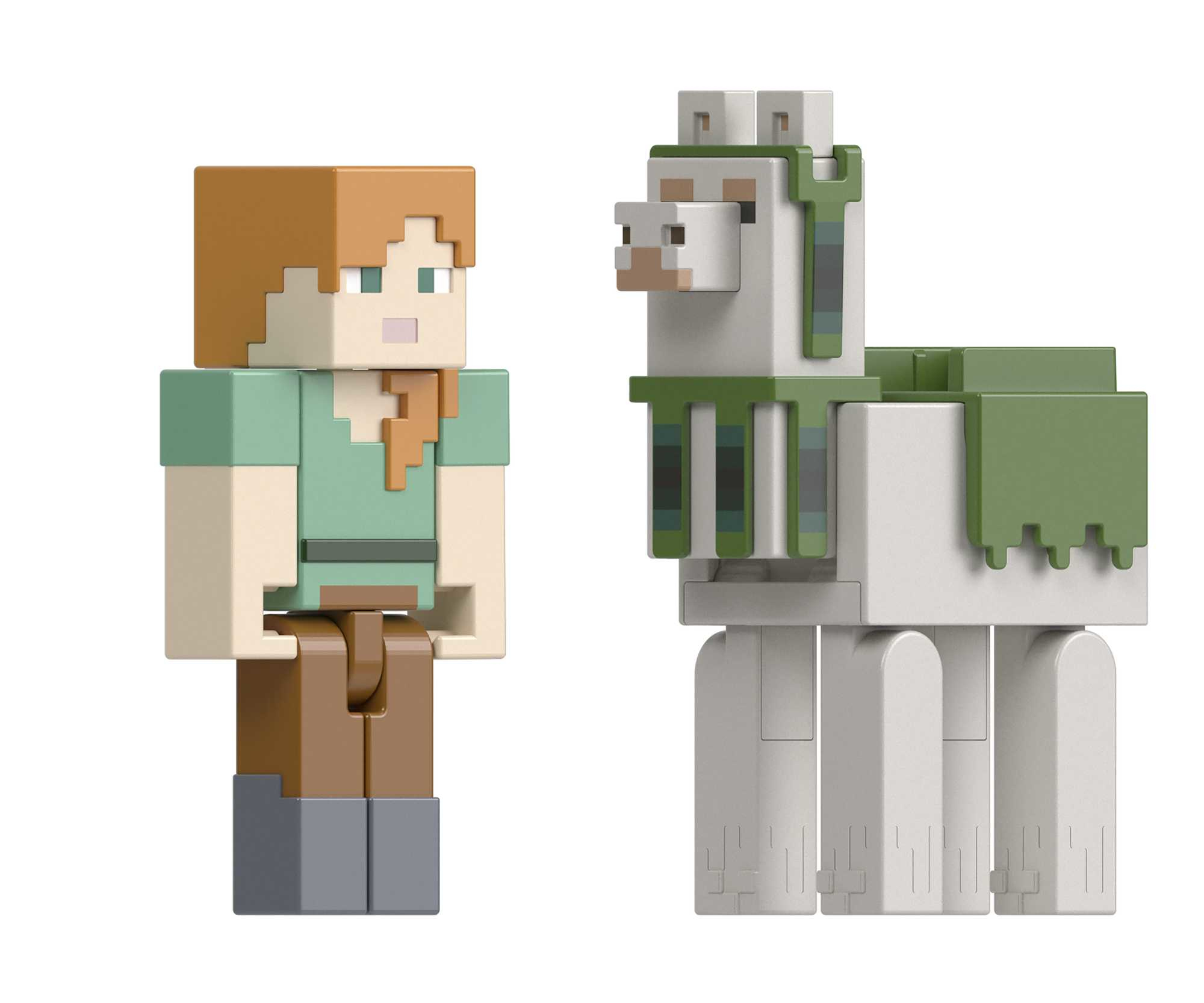 Giocattoli di Minecraft: Alex e un Lama in piedi uno accanto all'altro.