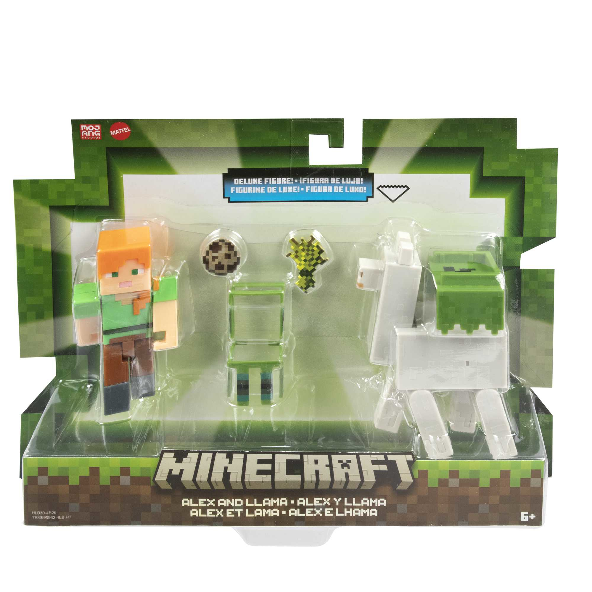 Un set di giocattoli Minecraft con un personaggio, accessori e un lama, in una confezione.