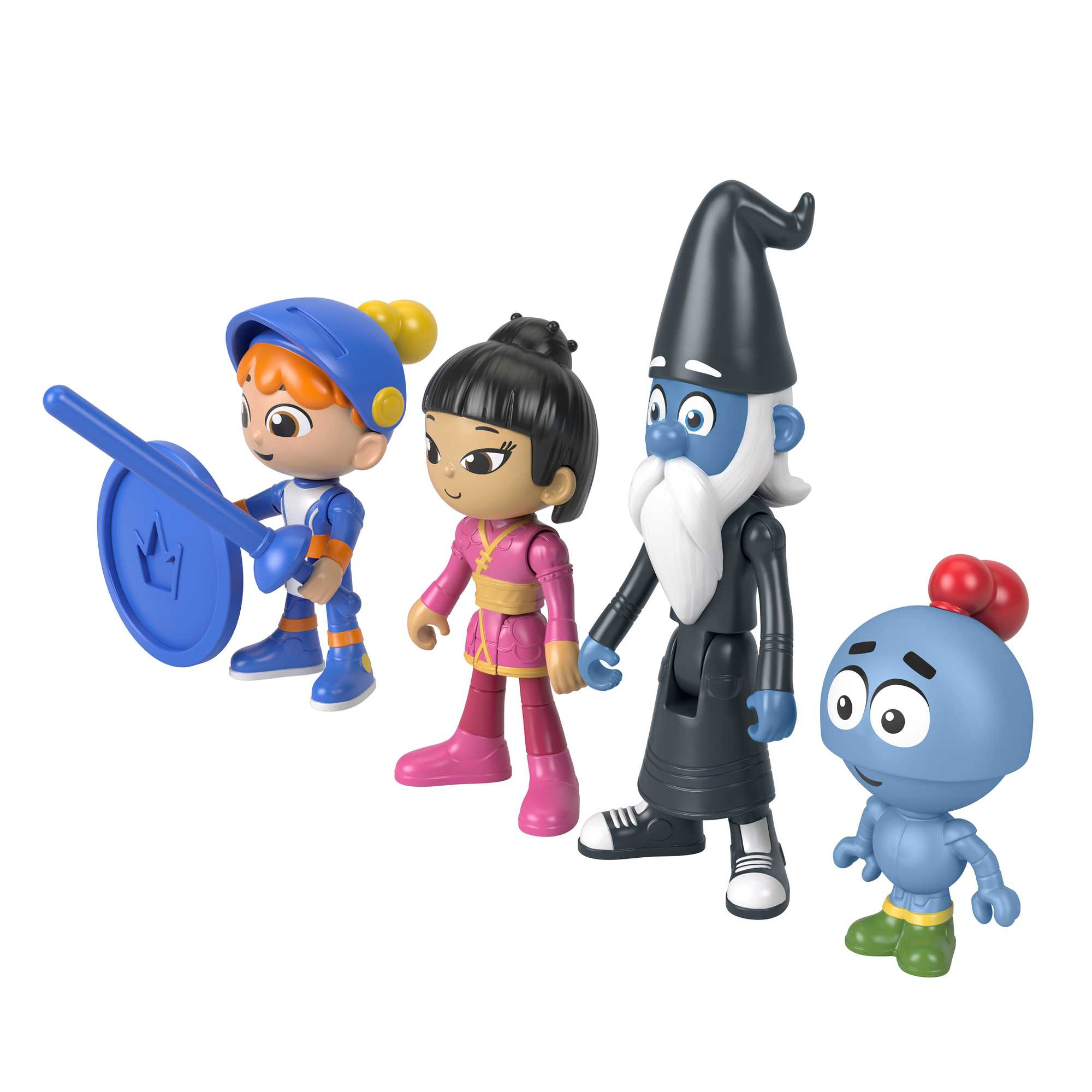 Vier Spielfiguren: ein Ritter, eine Prinzessin, ein Zauberer und ein blaues Wesen.