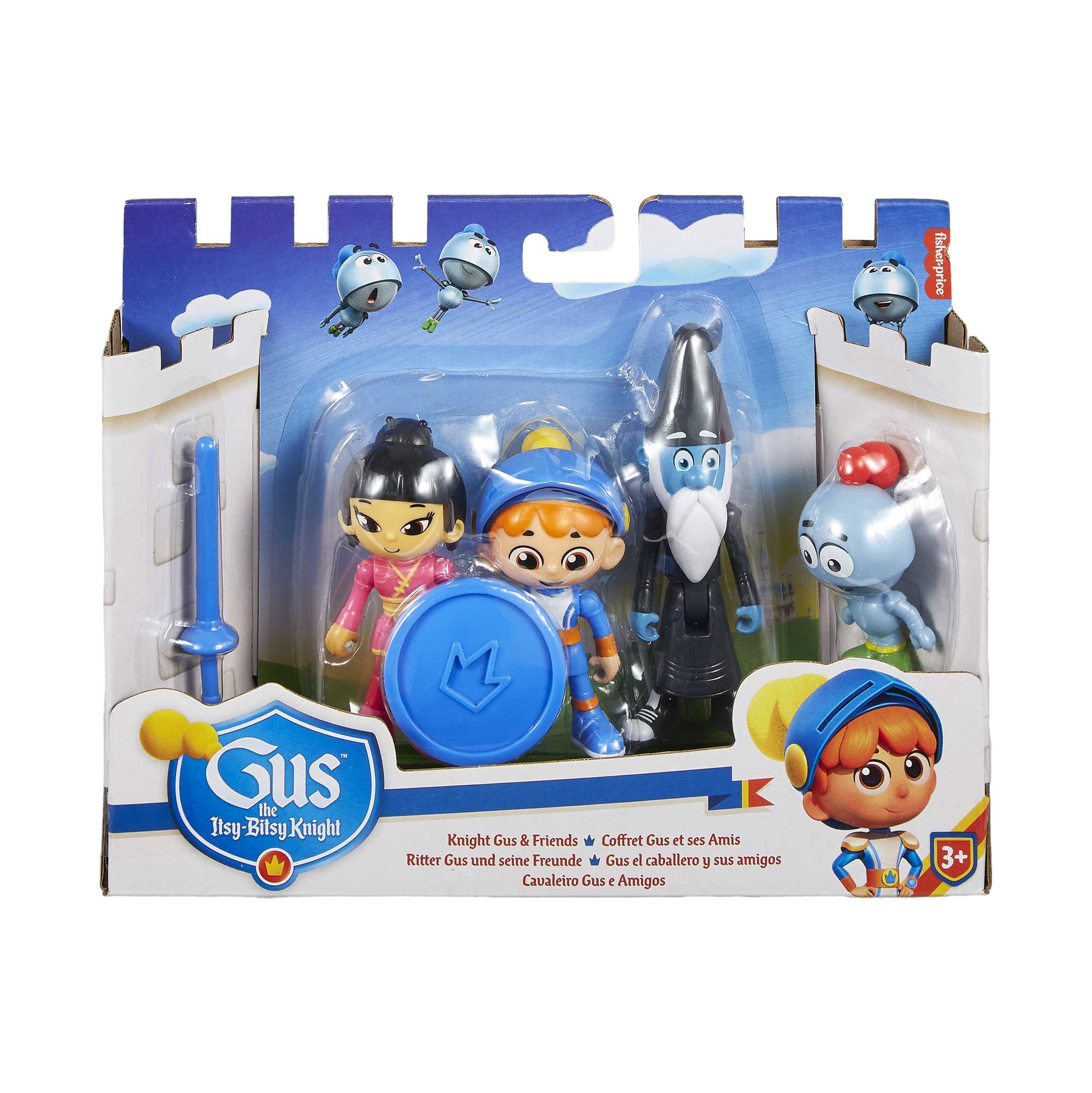 Ein Spielzeugset mit vier Figuren und Zubehör in einer Verpackung mit Burgmotiven.